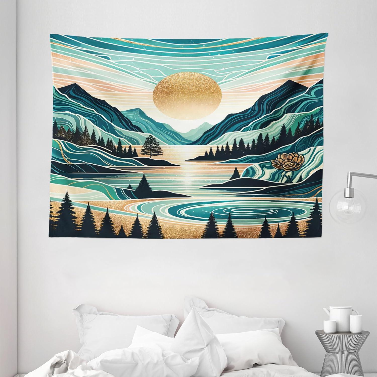 imageAmbesonne Hippie Tapestry Modern Scandi Crescent with Boho Floral and Leaves Greenery Black Cat Fabric Wall Hanging Decor for Bedroom Living Room Dorm 30quot X 45quot Grey Yellow Charcoal GreyTeal Cadet Blue Almond