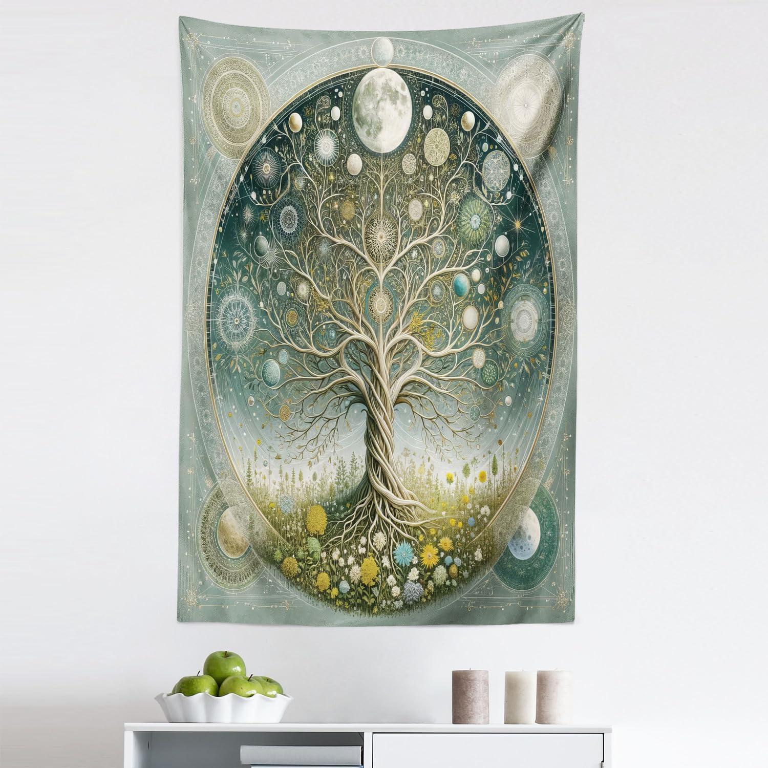 imageAmbesonne Hippie Tapestry Modern Scandi Crescent with Boho Floral and Leaves Greenery Black Cat Fabric Wall Hanging Decor for Bedroom Living Room Dorm 30quot X 45quot Grey Yellow Charcoal GreyTeal Pale Sage Green