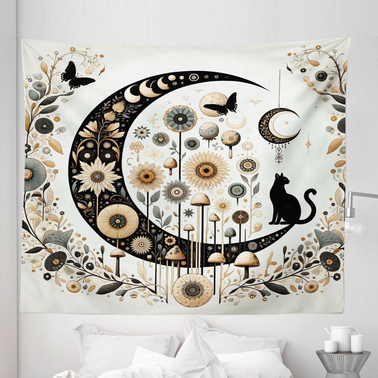 imageAmbesonne Hippie Tapestry Modern Scandi Crescent with Boho Floral and Leaves Greenery Black Cat Fabric Wall Hanging Decor for Bedroom Living Room Dorm 30quot X 45quot Grey Yellow Charcoal GreyGrey Yellow Charcoal Grey