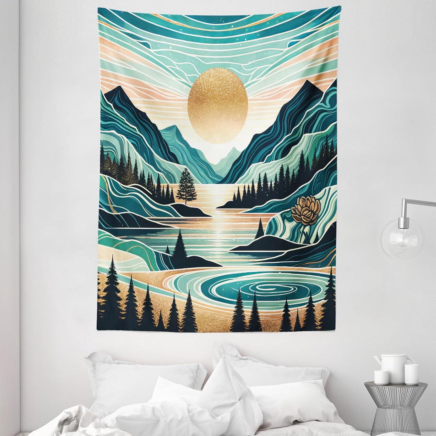 imageAmbesonne Hippie Tapestry Modern Scandi Crescent with Boho Floral and Leaves Greenery Black Cat Fabric Wall Hanging Decor for Bedroom Living Room Dorm 30quot X 45quot Grey Yellow Charcoal GreyTeal Cadet Blue Almond