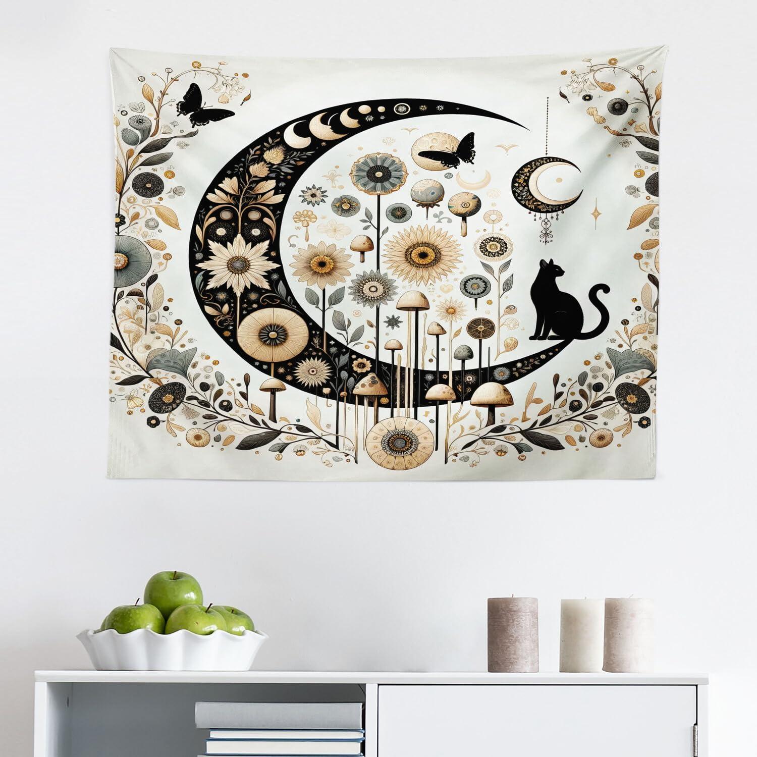 imageAmbesonne Hippie Tapestry Modern Scandi Crescent with Boho Floral and Leaves Greenery Black Cat Fabric Wall Hanging Decor for Bedroom Living Room Dorm 30quot X 45quot Grey Yellow Charcoal GreyGrey Yellow Charcoal Grey
