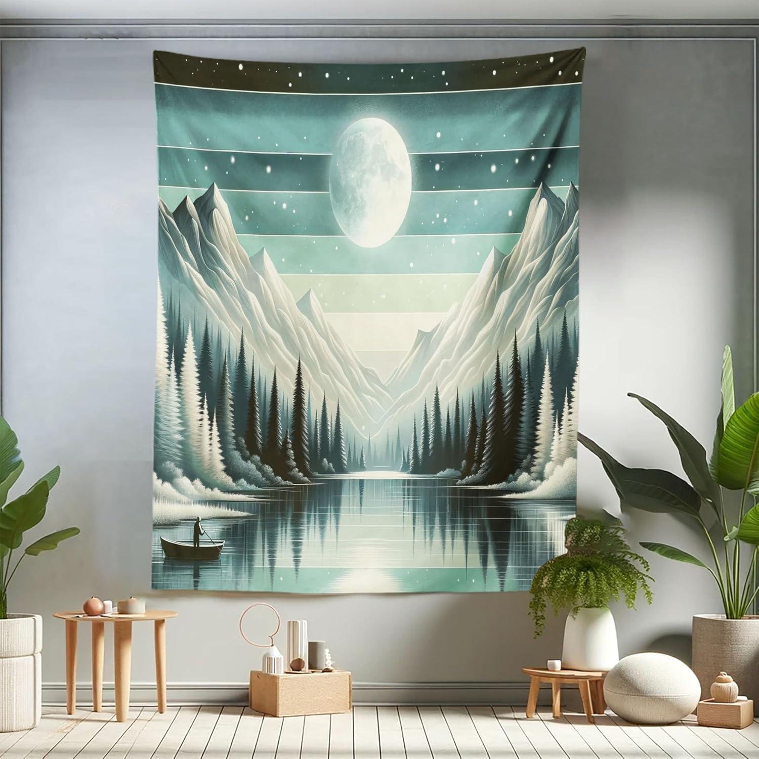 imageAmbesonne Hippie Tapestry Modern Scandi Crescent with Boho Floral and Leaves Greenery Black Cat Fabric Wall Hanging Decor for Bedroom Living Room Dorm 30quot X 45quot Grey Yellow Charcoal GreySeafoam Laurel Green
