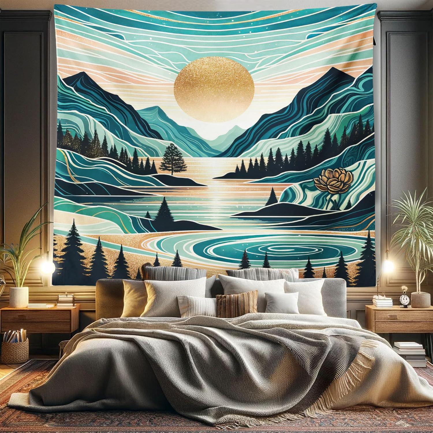 imageAmbesonne Hippie Tapestry Modern Scandi Crescent with Boho Floral and Leaves Greenery Black Cat Fabric Wall Hanging Decor for Bedroom Living Room Dorm 30quot X 45quot Grey Yellow Charcoal GreyTeal Cadet Blue Almond