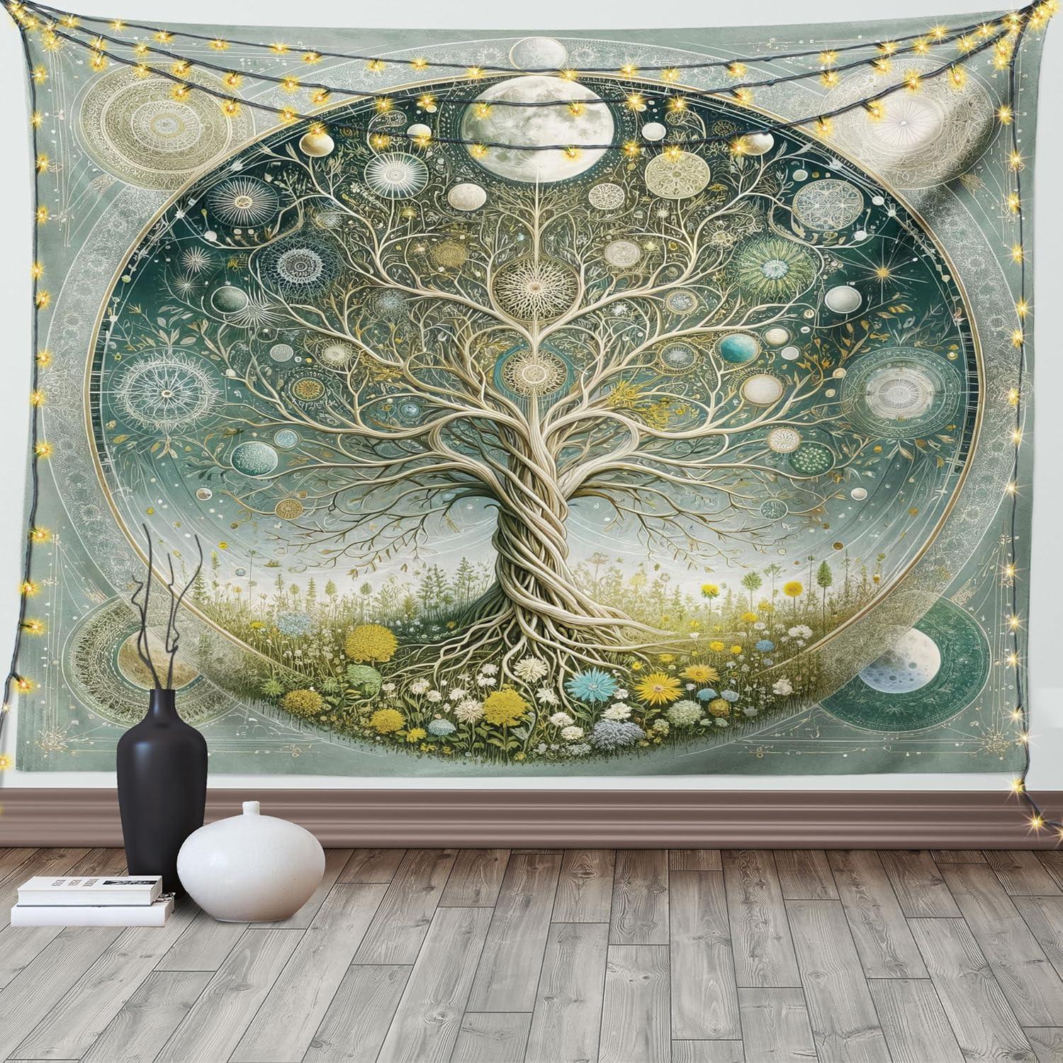 imageAmbesonne Hippie Tapestry Modern Scandi Crescent with Boho Floral and Leaves Greenery Black Cat Fabric Wall Hanging Decor for Bedroom Living Room Dorm 30quot X 45quot Grey Yellow Charcoal GreyTeal Pale Sage Green