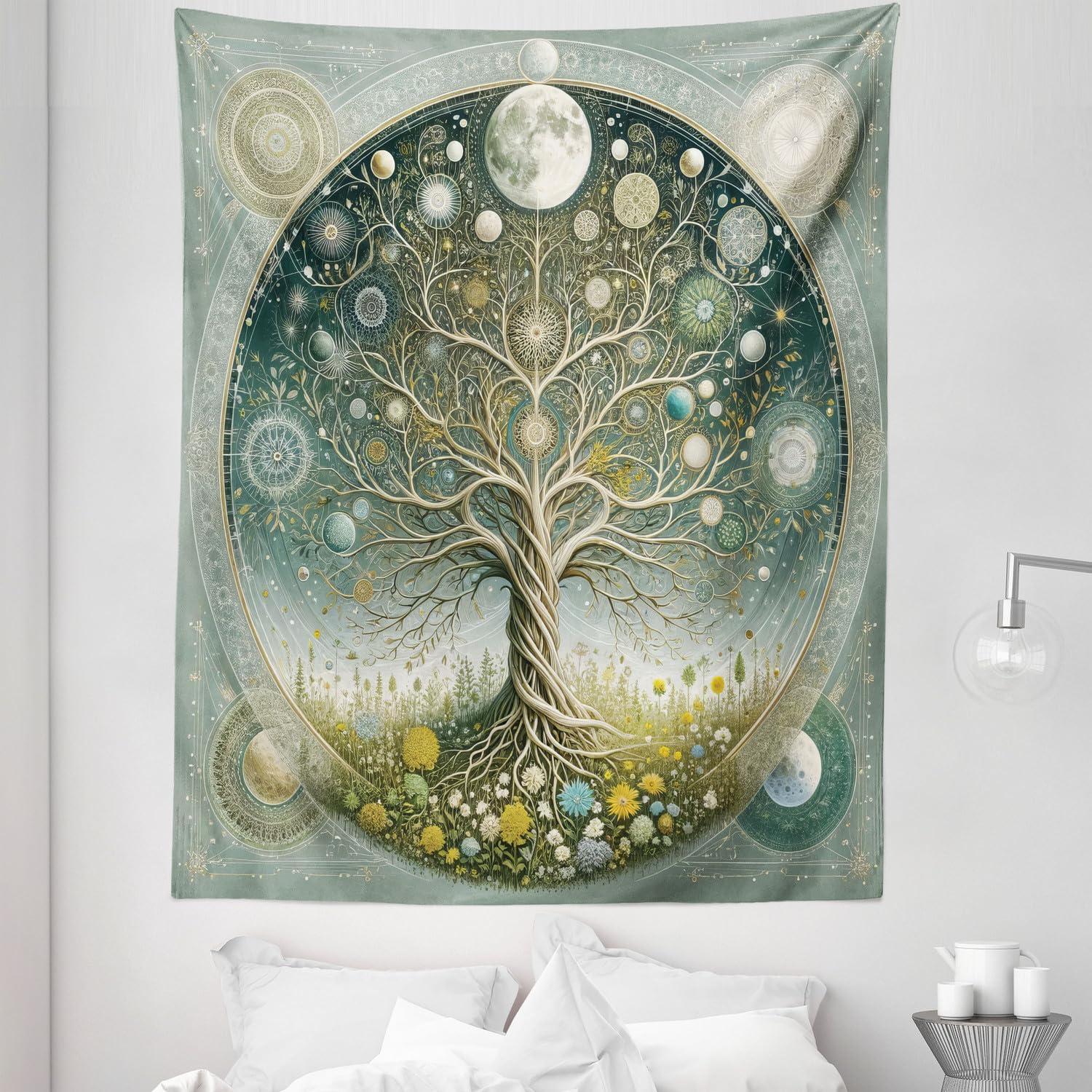imageAmbesonne Hippie Tapestry Modern Scandi Crescent with Boho Floral and Leaves Greenery Black Cat Fabric Wall Hanging Decor for Bedroom Living Room Dorm 30quot X 45quot Grey Yellow Charcoal GreyTeal Pale Sage Green