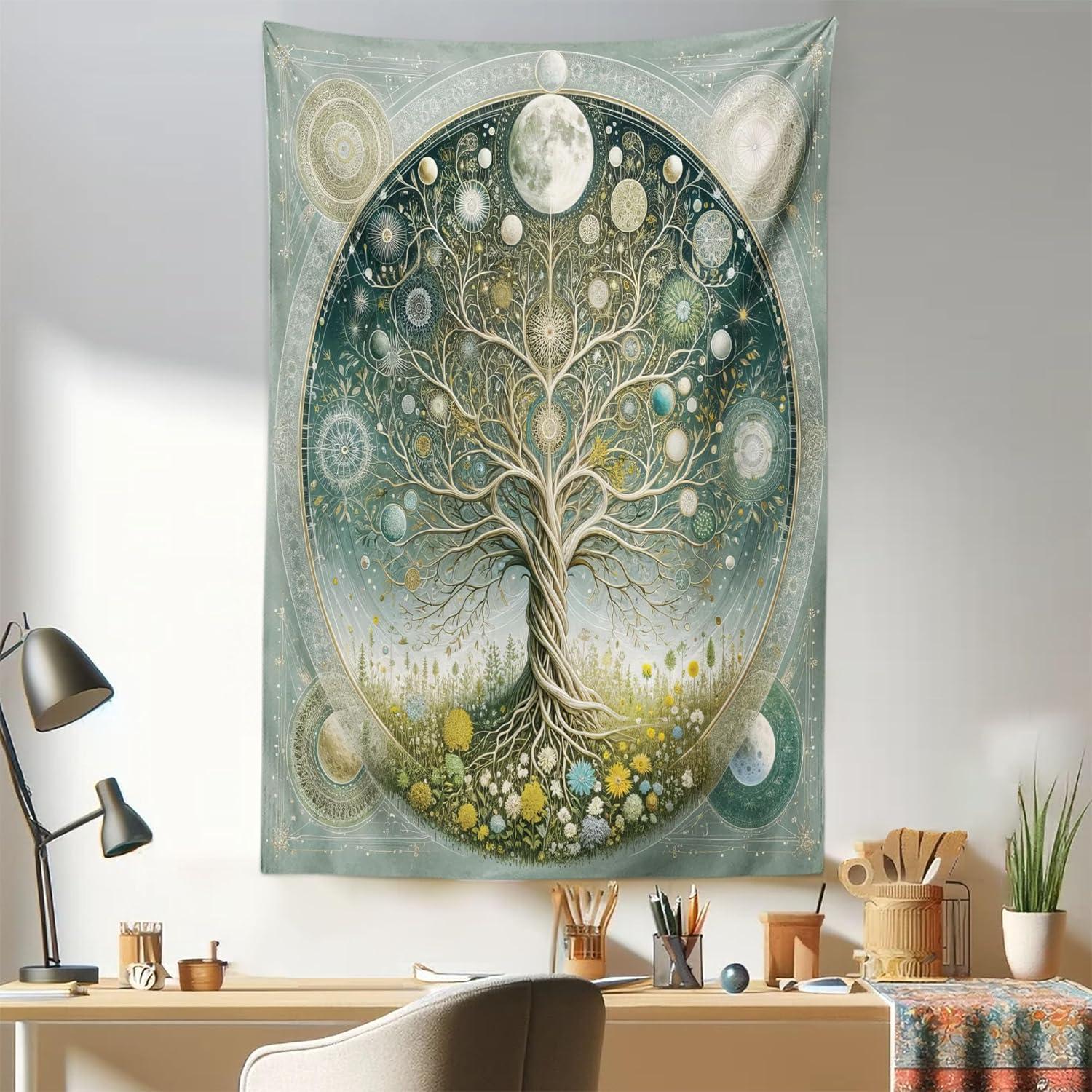 imageAmbesonne Hippie Tapestry Modern Scandi Crescent with Boho Floral and Leaves Greenery Black Cat Fabric Wall Hanging Decor for Bedroom Living Room Dorm 30quot X 45quot Grey Yellow Charcoal GreyTeal Pale Sage Green