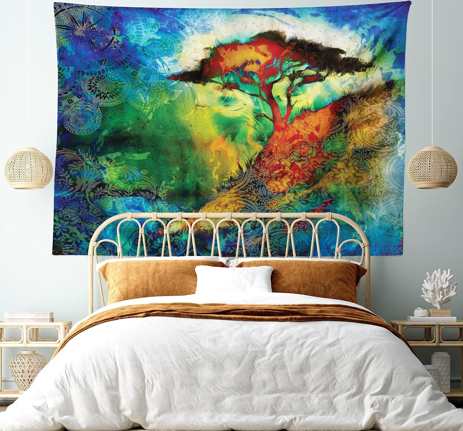 imageAmbesonne Hippie Tapestry Modern Scandi Crescent with Boho Floral and Leaves Greenery Black Cat Fabric Wall Hanging Decor for Bedroom Living Room Dorm 30quot X 45quot Grey Yellow Charcoal GreyBlue Green