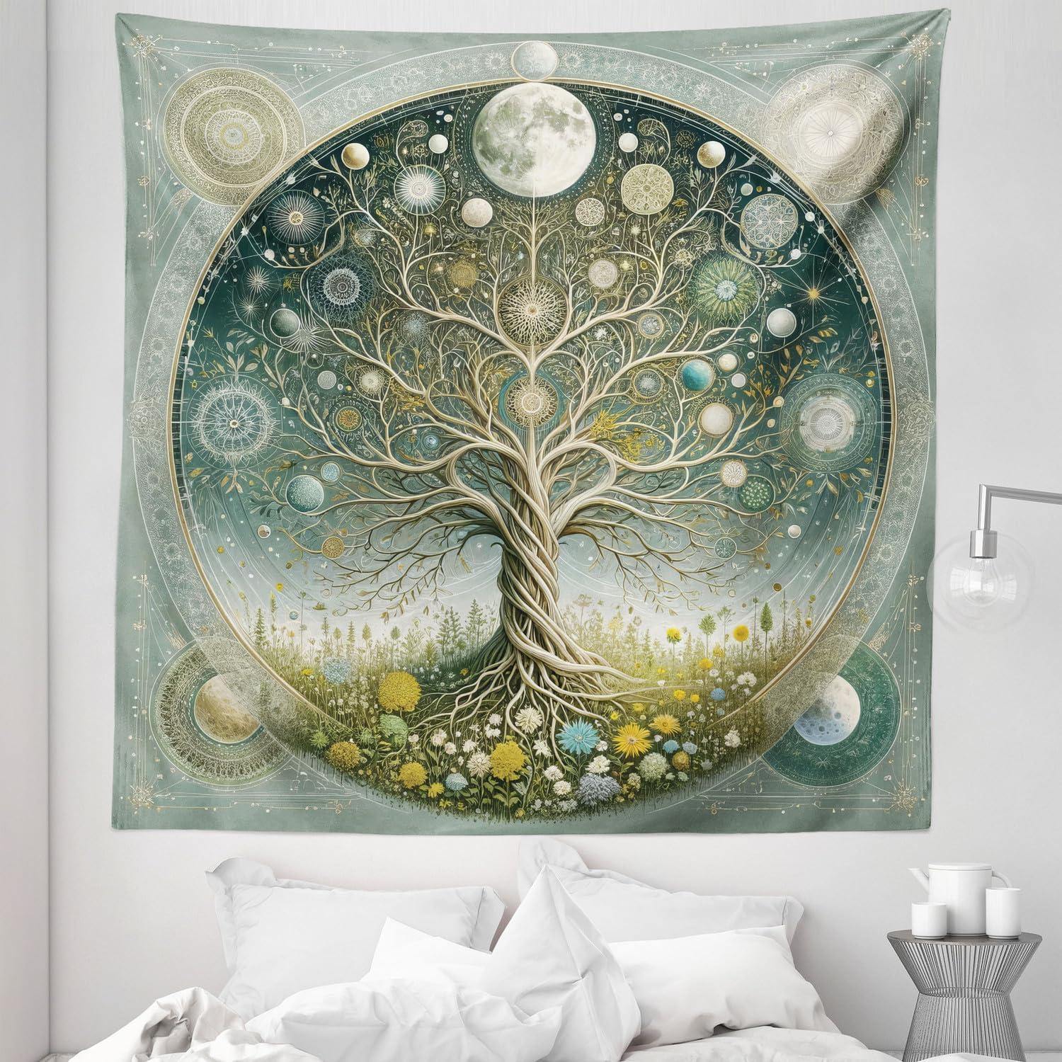 imageAmbesonne Hippie Tapestry Modern Scandi Crescent with Boho Floral and Leaves Greenery Black Cat Fabric Wall Hanging Decor for Bedroom Living Room Dorm 30quot X 45quot Grey Yellow Charcoal GreyTeal Pale Sage Green