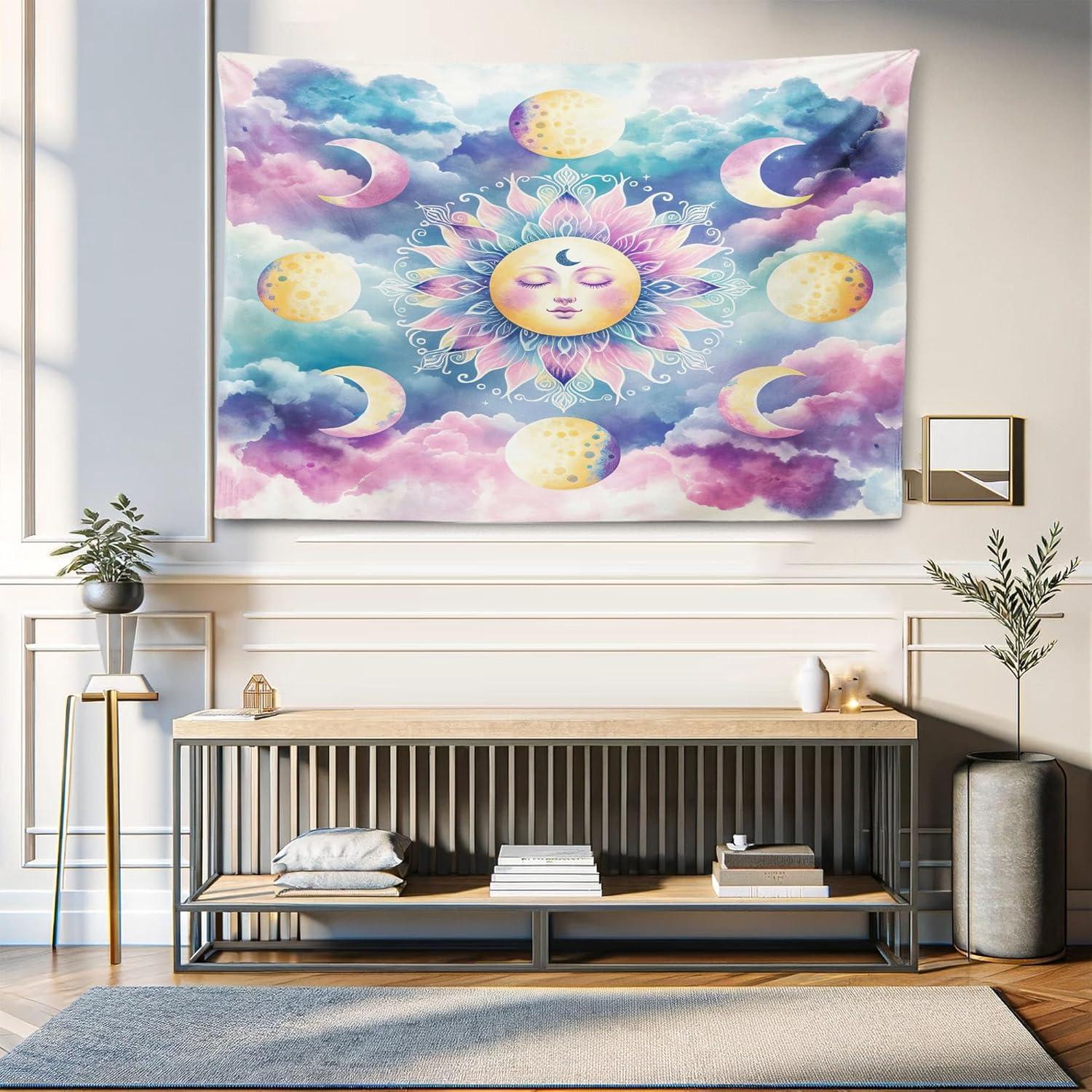 imageAmbesonne Hippie Tapestry Modern Scandi Crescent with Boho Floral and Leaves Greenery Black Cat Fabric Wall Hanging Decor for Bedroom Living Room Dorm 30quot X 45quot Grey Yellow Charcoal GreyPale Purple Blue and Cream