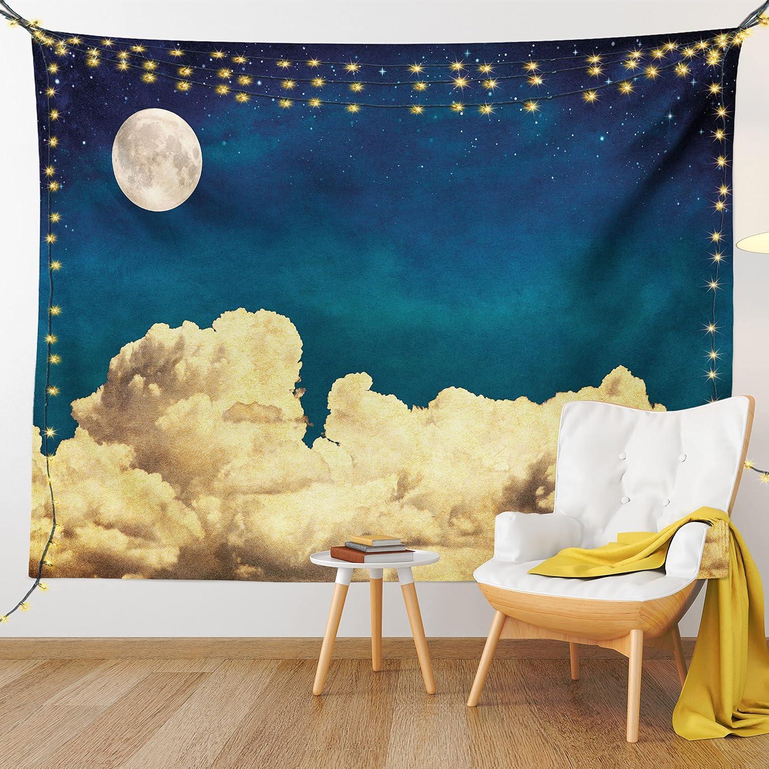 imageAmbesonne Hippie Tapestry Modern Scandi Crescent with Boho Floral and Leaves Greenery Black Cat Fabric Wall Hanging Decor for Bedroom Living Room Dorm 30quot X 45quot Grey Yellow Charcoal GreyDark Blue White