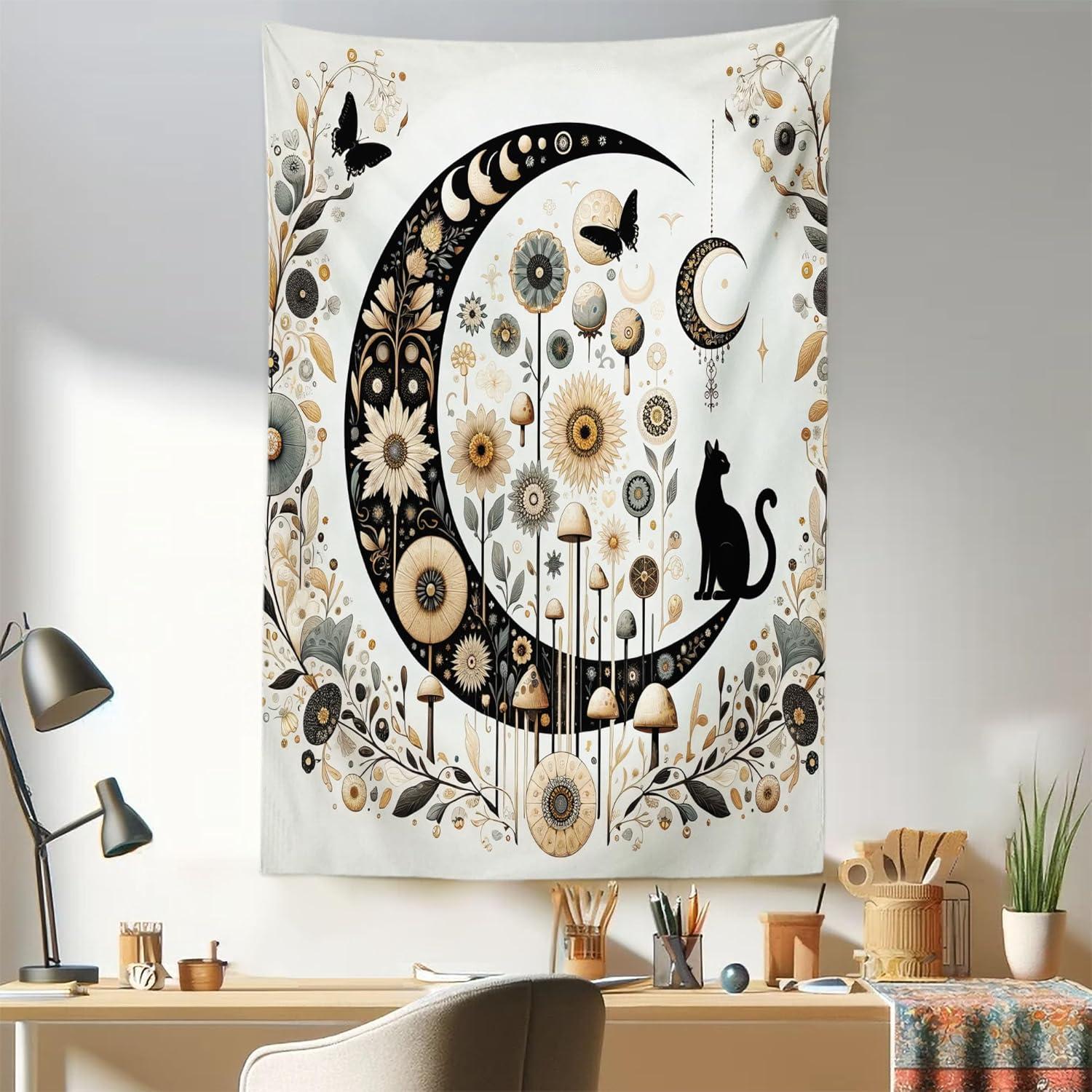 imageAmbesonne Hippie Tapestry Modern Scandi Crescent with Boho Floral and Leaves Greenery Black Cat Fabric Wall Hanging Decor for Bedroom Living Room Dorm 30quot X 45quot Grey Yellow Charcoal GreyGrey Yellow Charcoal Grey