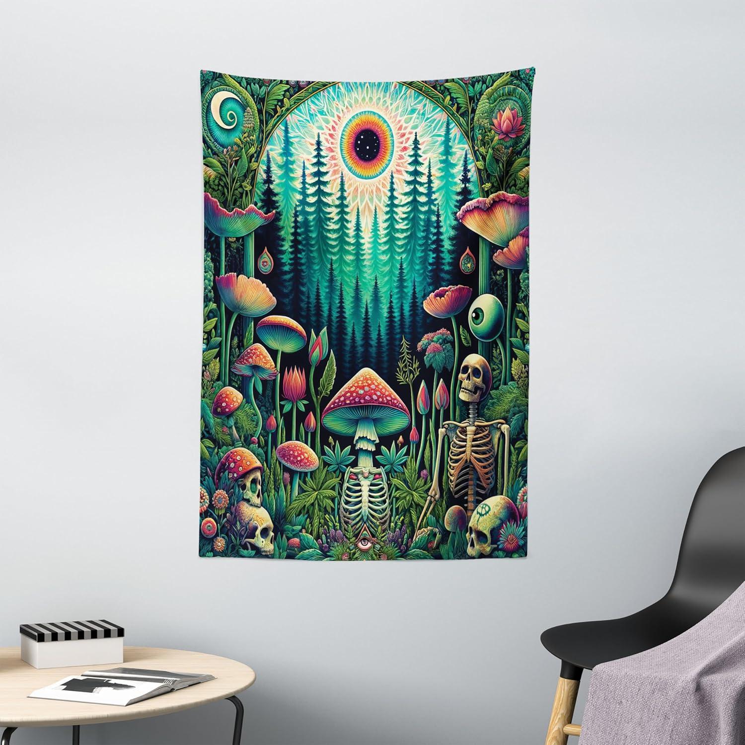 imageAmbesonne Hippie Tapestry Modern Scandi Crescent with Boho Floral and Leaves Greenery Black Cat Fabric Wall Hanging Decor for Bedroom Living Room Dorm 30quot X 45quot Grey Yellow Charcoal GreyFern Green Seafoam Coral