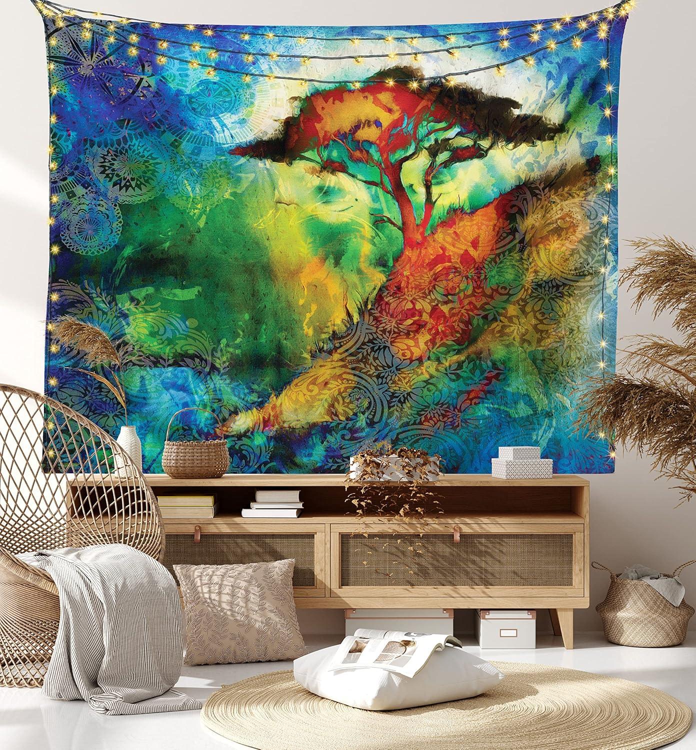 imageAmbesonne Hippie Tapestry Modern Scandi Crescent with Boho Floral and Leaves Greenery Black Cat Fabric Wall Hanging Decor for Bedroom Living Room Dorm 30quot X 45quot Grey Yellow Charcoal GreyBlue Green