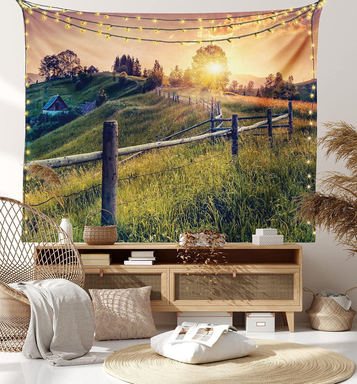 imageAmbesonne Hippie Tapestry Modern Scandi Crescent with Boho Floral and Leaves Greenery Black Cat Fabric Wall Hanging Decor for Bedroom Living Room Dorm 30quot X 45quot Grey Yellow Charcoal GreyFern Green Yellow