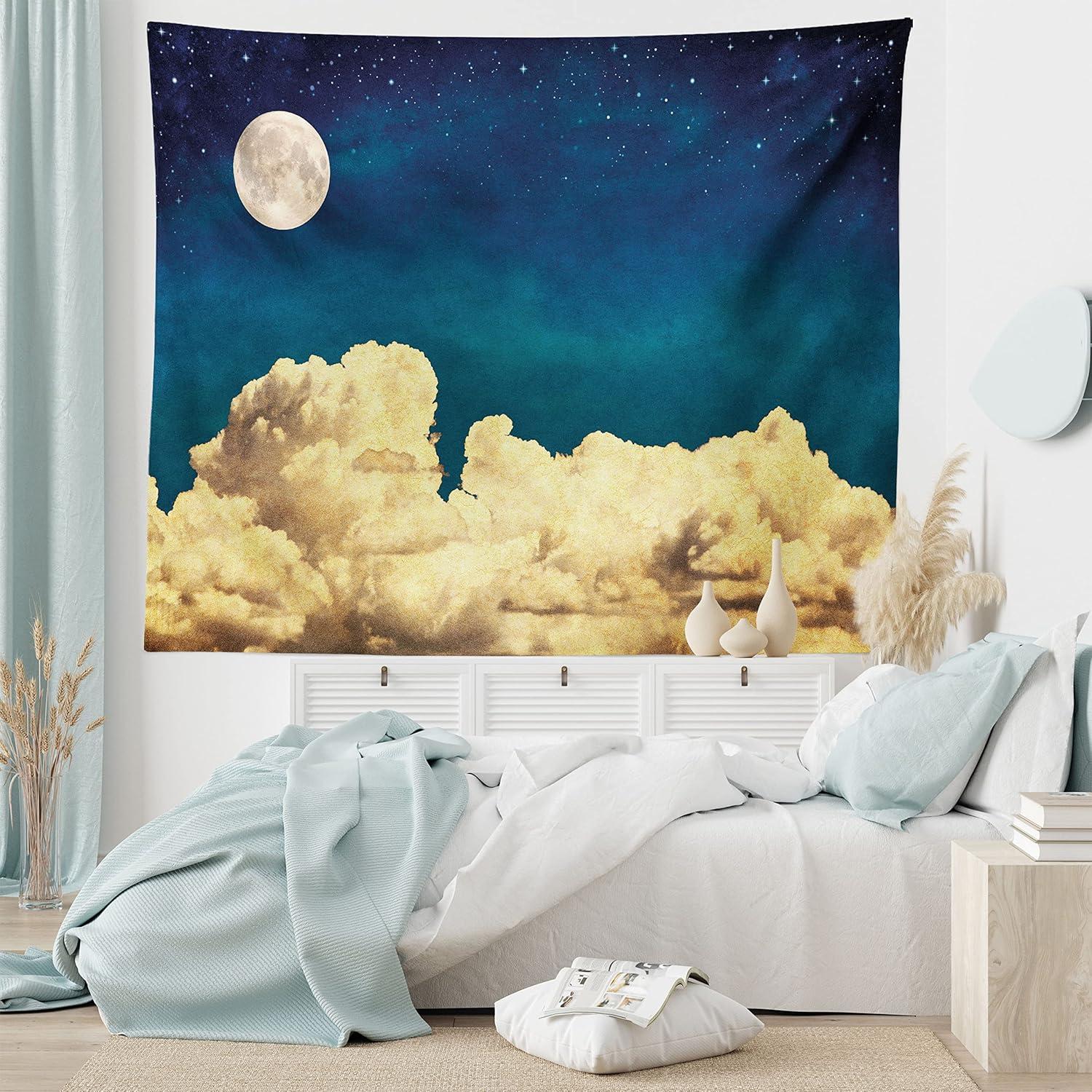 imageAmbesonne Hippie Tapestry Modern Scandi Crescent with Boho Floral and Leaves Greenery Black Cat Fabric Wall Hanging Decor for Bedroom Living Room Dorm 30quot X 45quot Grey Yellow Charcoal GreyDark Blue White