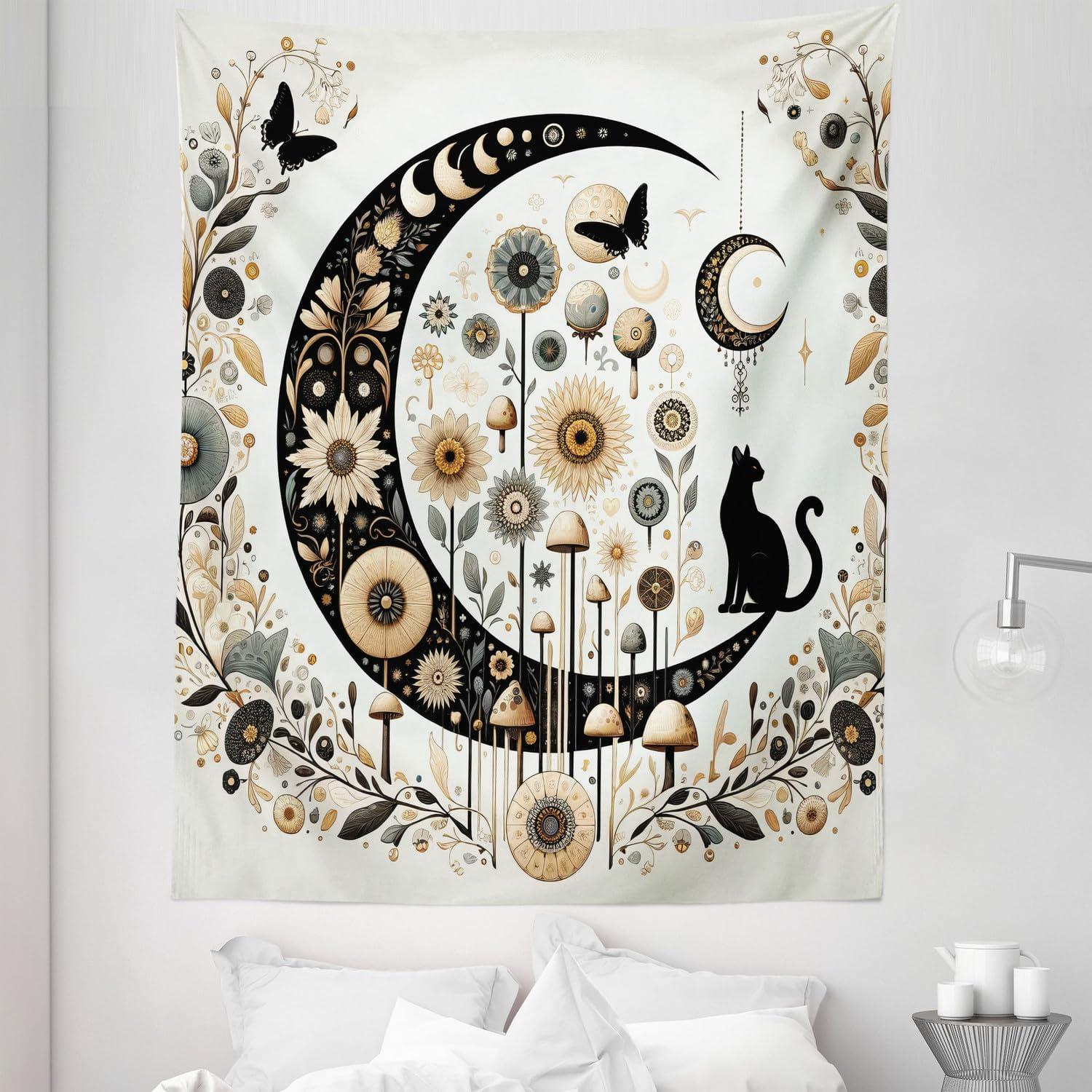 imageAmbesonne Hippie Tapestry Modern Scandi Crescent with Boho Floral and Leaves Greenery Black Cat Fabric Wall Hanging Decor for Bedroom Living Room Dorm 30quot X 45quot Grey Yellow Charcoal GreyGrey Yellow Charcoal Grey
