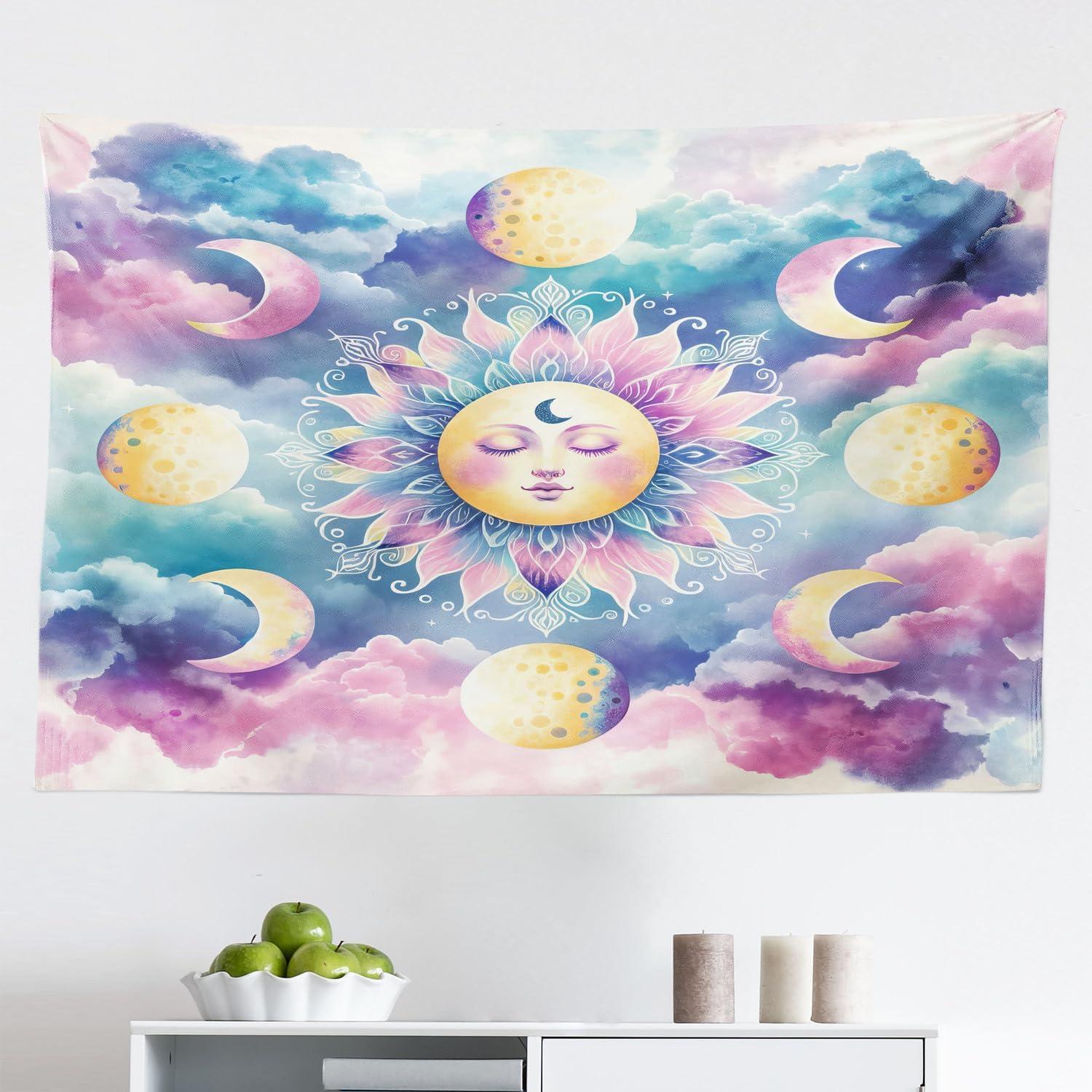 imageAmbesonne Hippie Tapestry Modern Scandi Crescent with Boho Floral and Leaves Greenery Black Cat Fabric Wall Hanging Decor for Bedroom Living Room Dorm 30quot X 45quot Grey Yellow Charcoal GreyPale Purple Blue and Cream