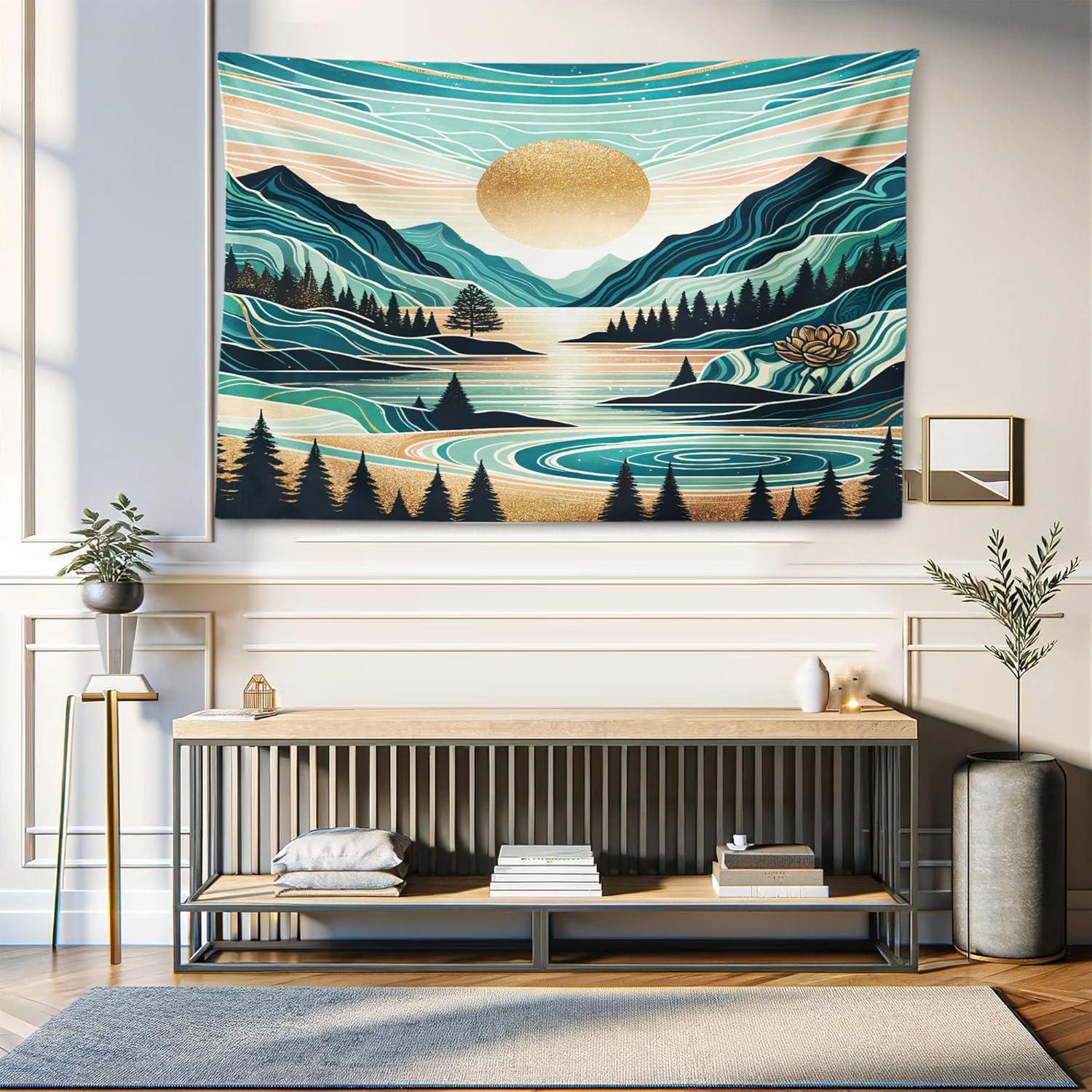 imageAmbesonne Hippie Tapestry Modern Scandi Crescent with Boho Floral and Leaves Greenery Black Cat Fabric Wall Hanging Decor for Bedroom Living Room Dorm 30quot X 45quot Grey Yellow Charcoal GreyTeal Cadet Blue Almond