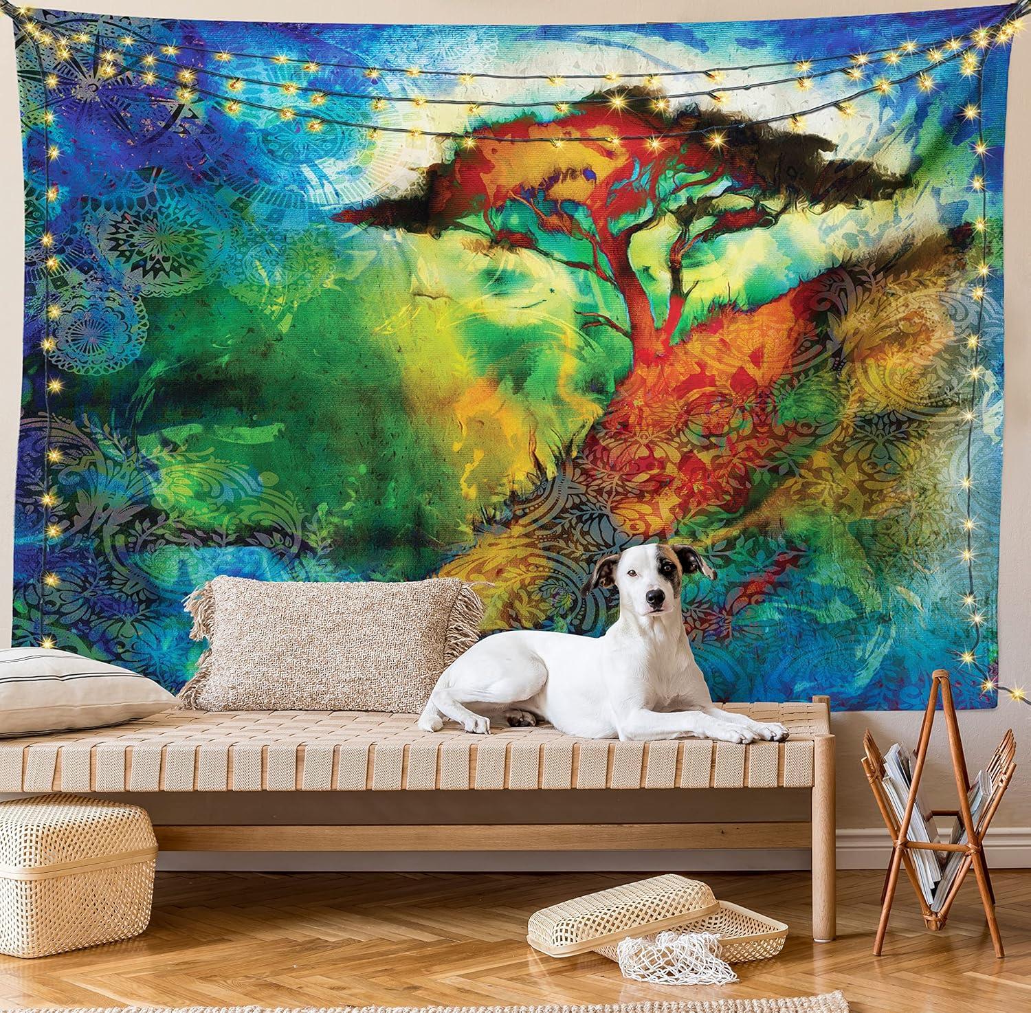 imageAmbesonne Hippie Tapestry Modern Scandi Crescent with Boho Floral and Leaves Greenery Black Cat Fabric Wall Hanging Decor for Bedroom Living Room Dorm 30quot X 45quot Grey Yellow Charcoal GreyBlue Green