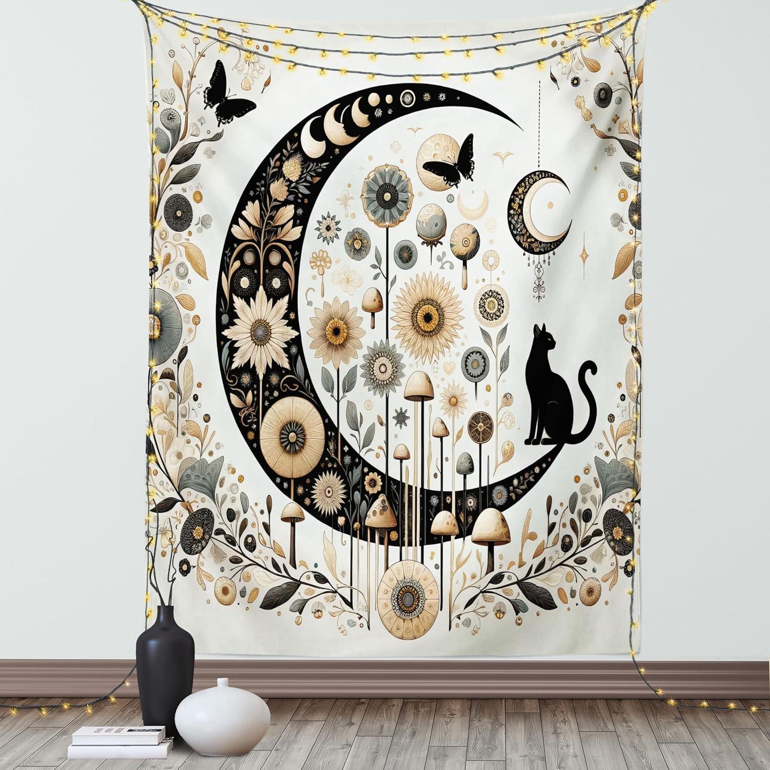 imageAmbesonne Hippie Tapestry Modern Scandi Crescent with Boho Floral and Leaves Greenery Black Cat Fabric Wall Hanging Decor for Bedroom Living Room Dorm 30quot X 45quot Grey Yellow Charcoal GreyGrey Yellow Charcoal Grey