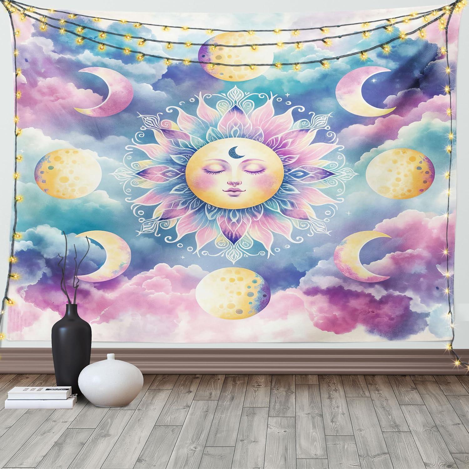 imageAmbesonne Hippie Tapestry Modern Scandi Crescent with Boho Floral and Leaves Greenery Black Cat Fabric Wall Hanging Decor for Bedroom Living Room Dorm 30quot X 45quot Grey Yellow Charcoal GreyPale Purple Blue and Cream