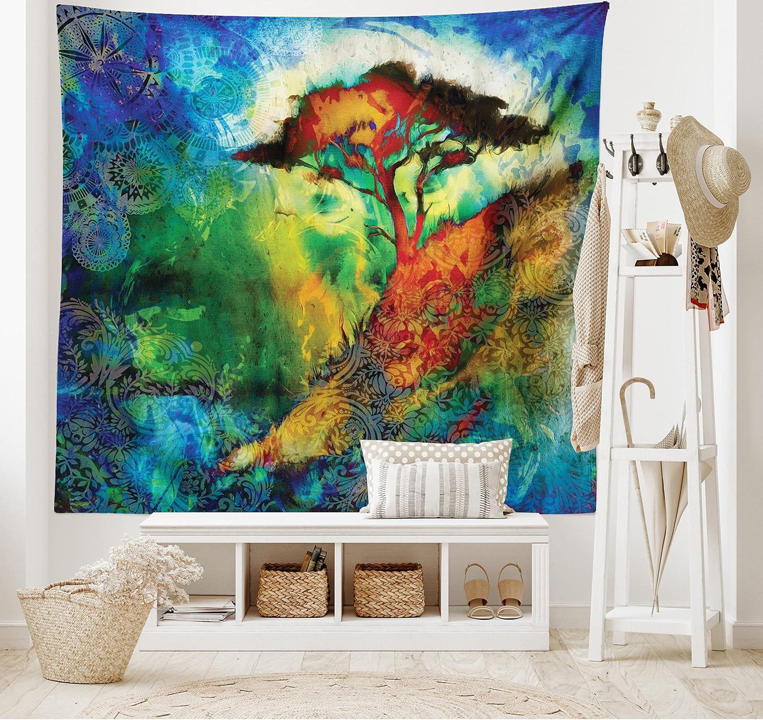 imageAmbesonne Hippie Tapestry Modern Scandi Crescent with Boho Floral and Leaves Greenery Black Cat Fabric Wall Hanging Decor for Bedroom Living Room Dorm 30quot X 45quot Grey Yellow Charcoal GreyBlue Green