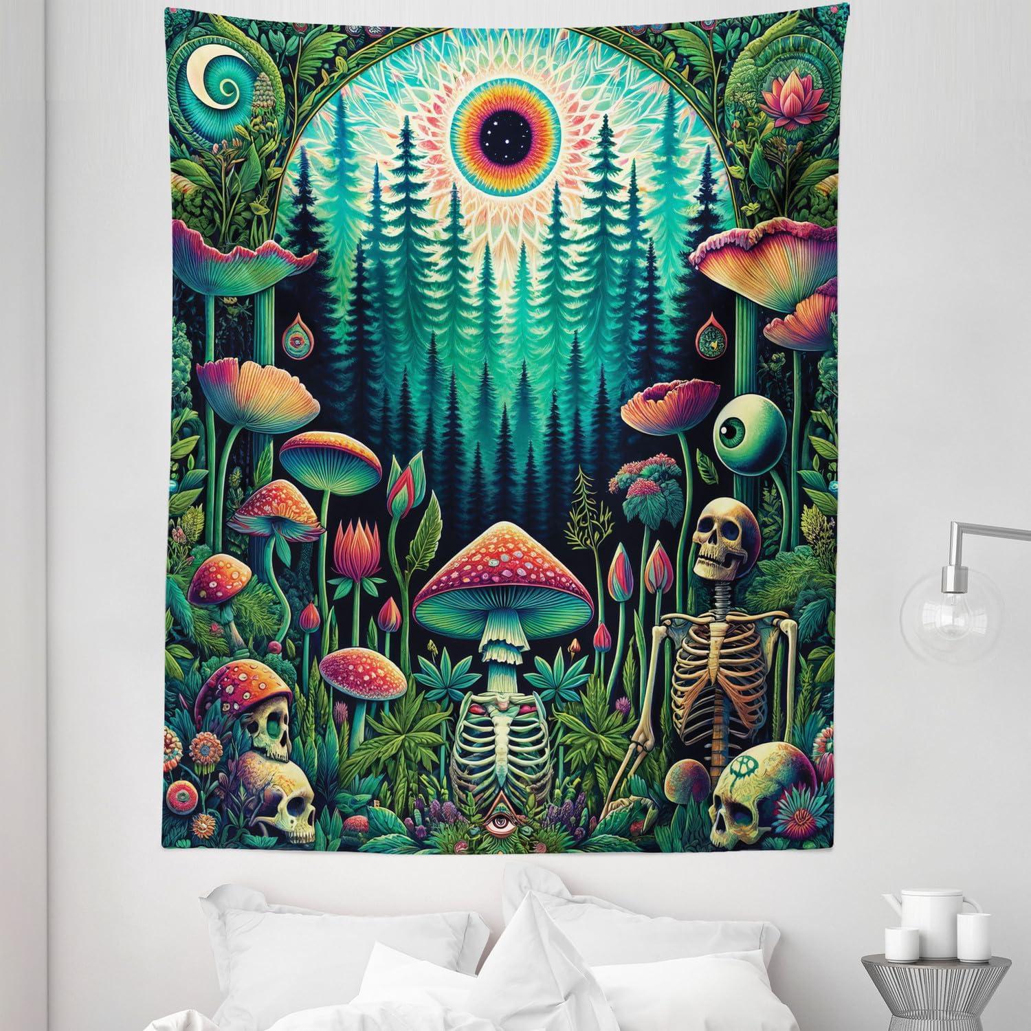 imageAmbesonne Hippie Tapestry Modern Scandi Crescent with Boho Floral and Leaves Greenery Black Cat Fabric Wall Hanging Decor for Bedroom Living Room Dorm 30quot X 45quot Grey Yellow Charcoal GreyFern Green Seafoam Coral