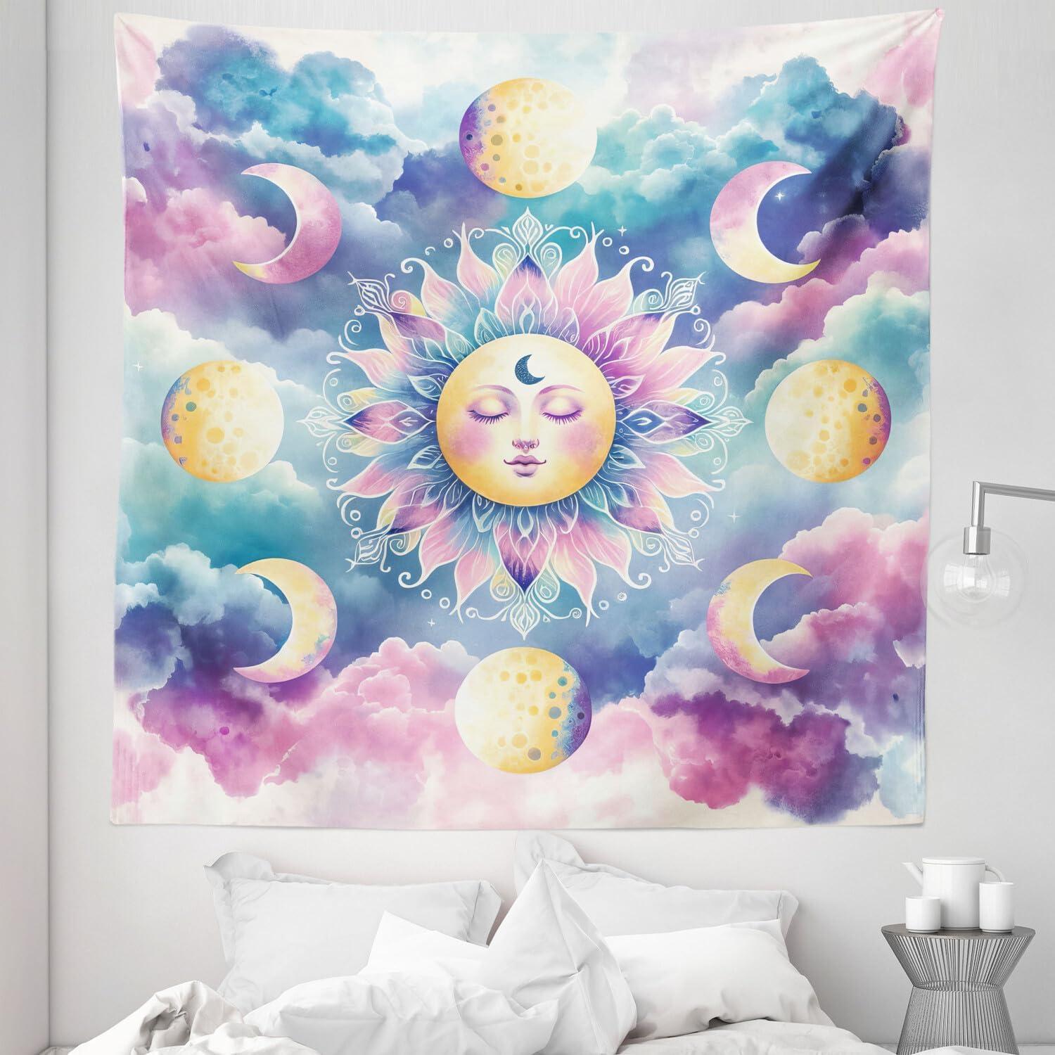 imageAmbesonne Hippie Tapestry Modern Scandi Crescent with Boho Floral and Leaves Greenery Black Cat Fabric Wall Hanging Decor for Bedroom Living Room Dorm 30quot X 45quot Grey Yellow Charcoal GreyPale Purple Blue and Cream