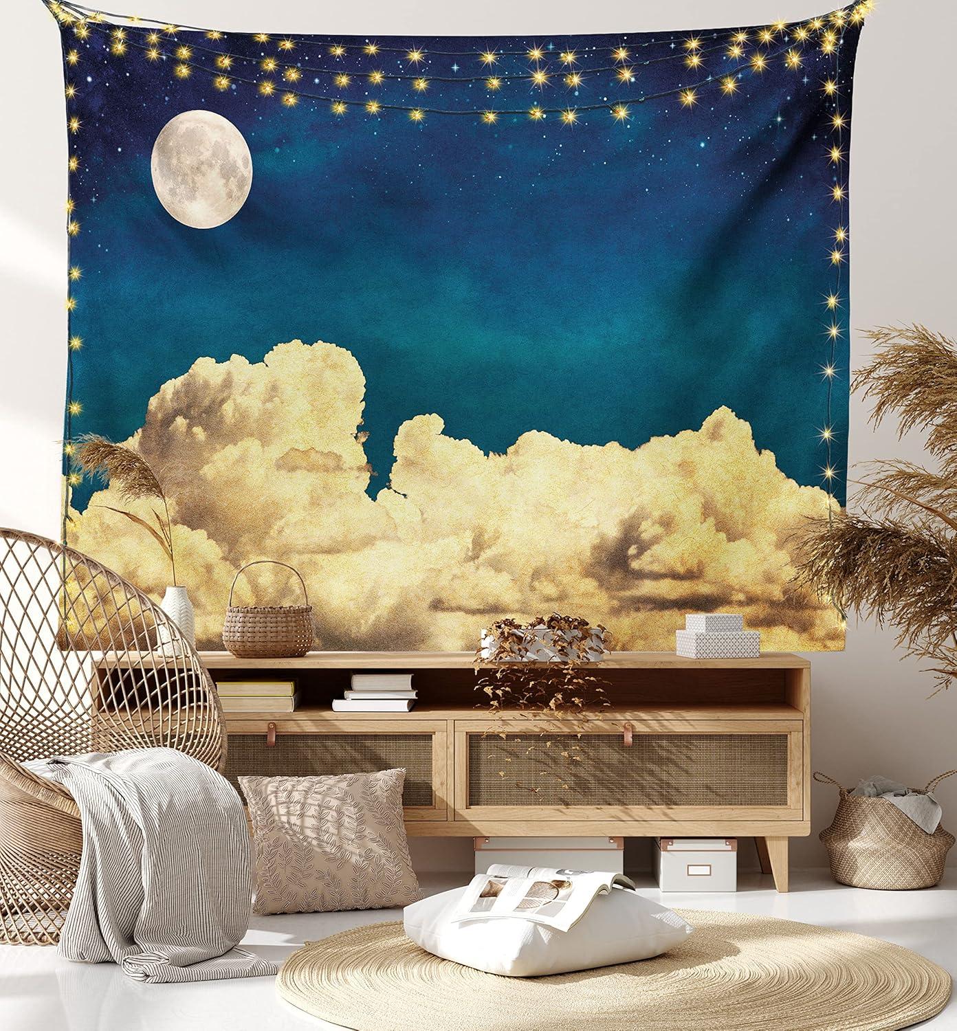 imageAmbesonne Hippie Tapestry Modern Scandi Crescent with Boho Floral and Leaves Greenery Black Cat Fabric Wall Hanging Decor for Bedroom Living Room Dorm 30quot X 45quot Grey Yellow Charcoal GreyDark Blue White