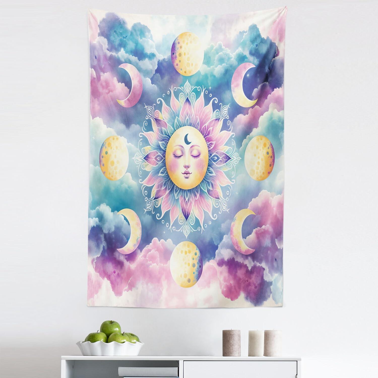 imageAmbesonne Hippie Tapestry Modern Scandi Crescent with Boho Floral and Leaves Greenery Black Cat Fabric Wall Hanging Decor for Bedroom Living Room Dorm 30quot X 45quot Grey Yellow Charcoal GreyPale Purple Blue and Cream