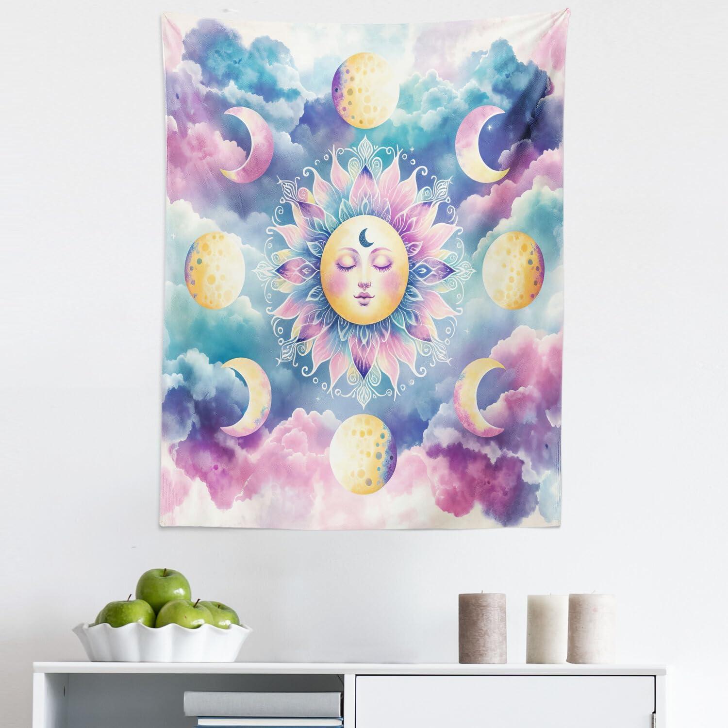 imageAmbesonne Hippie Tapestry Modern Scandi Crescent with Boho Floral and Leaves Greenery Black Cat Fabric Wall Hanging Decor for Bedroom Living Room Dorm 30quot X 45quot Grey Yellow Charcoal GreyPale Purple Blue and Cream