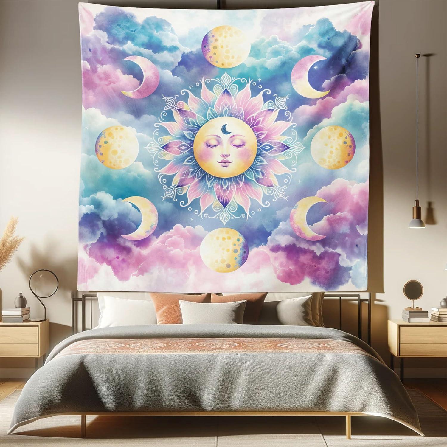 imageAmbesonne Hippie Tapestry Modern Scandi Crescent with Boho Floral and Leaves Greenery Black Cat Fabric Wall Hanging Decor for Bedroom Living Room Dorm 30quot X 45quot Grey Yellow Charcoal GreyPale Purple Blue and Cream