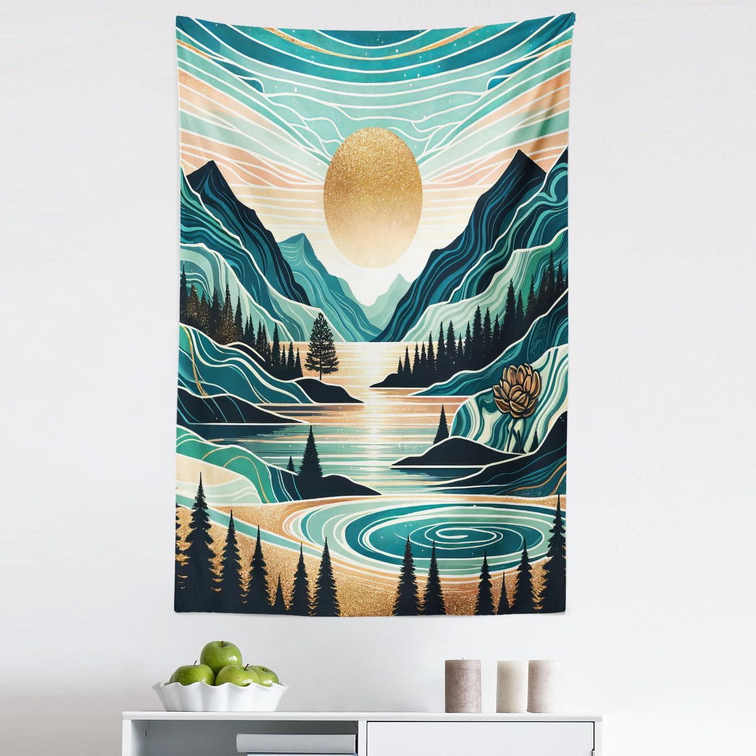 imageAmbesonne Hippie Tapestry Modern Scandi Crescent with Boho Floral and Leaves Greenery Black Cat Fabric Wall Hanging Decor for Bedroom Living Room Dorm 30quot X 45quot Grey Yellow Charcoal GreyTeal Cadet Blue Almond