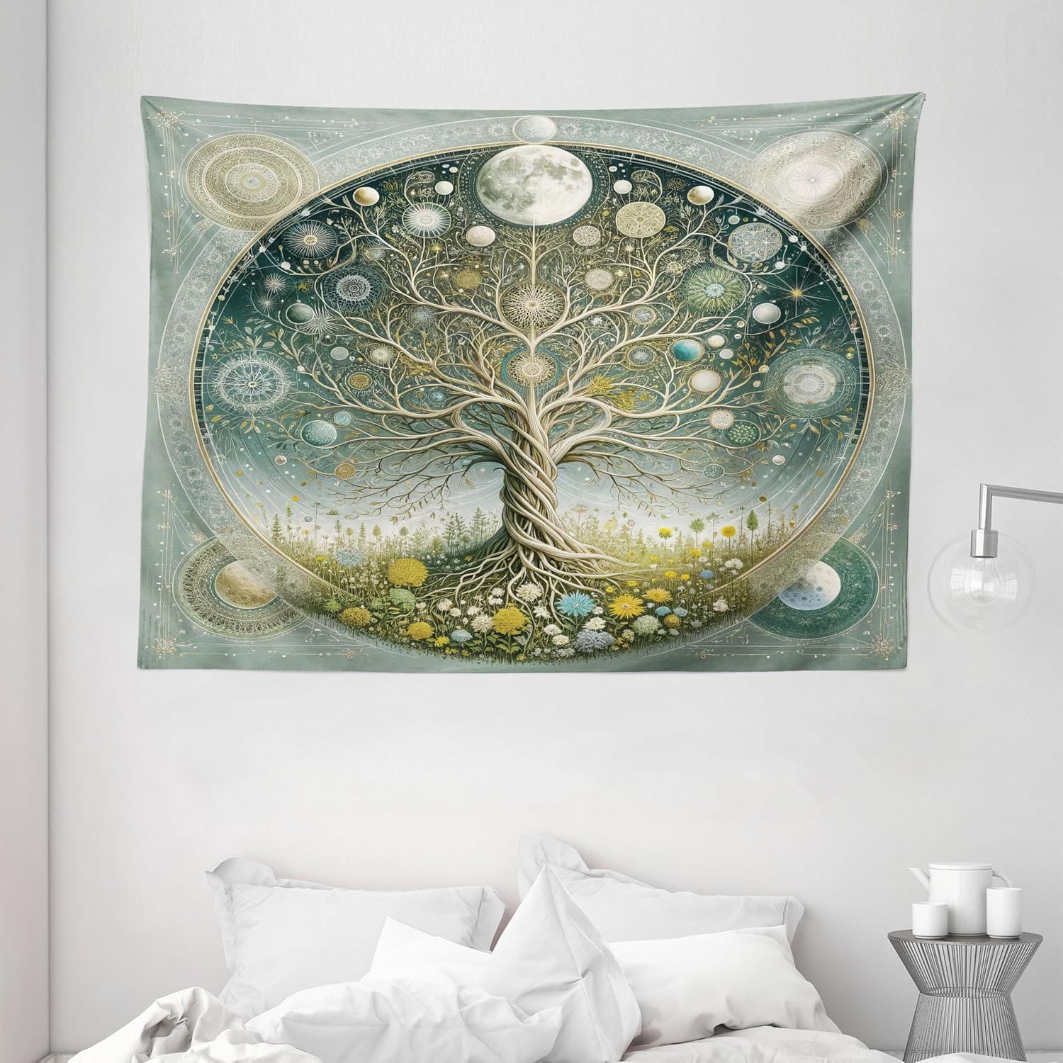 imageAmbesonne Hippie Tapestry Modern Scandi Crescent with Boho Floral and Leaves Greenery Black Cat Fabric Wall Hanging Decor for Bedroom Living Room Dorm 30quot X 45quot Grey Yellow Charcoal GreyTeal Pale Sage Green