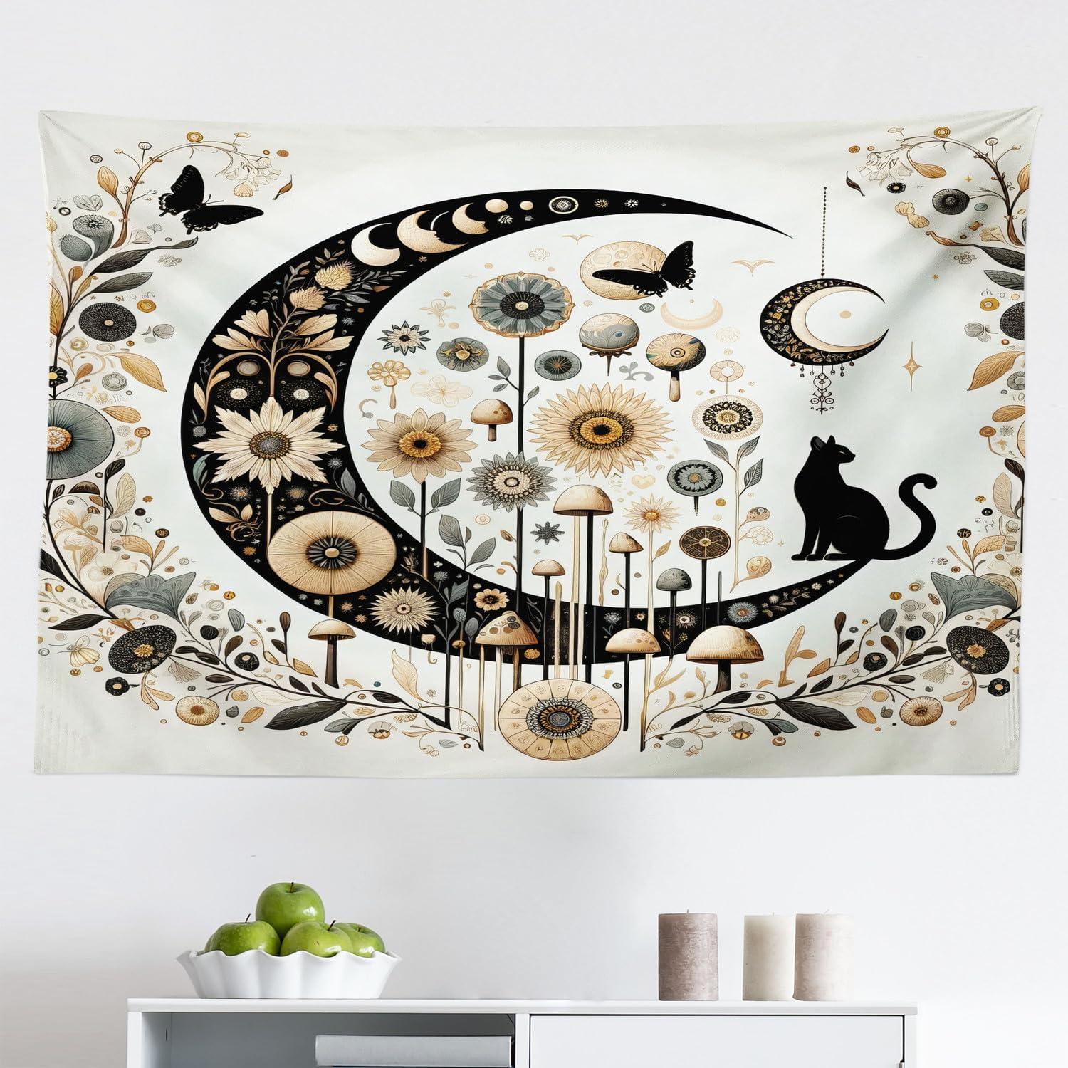 imageAmbesonne Hippie Tapestry Modern Scandi Crescent with Boho Floral and Leaves Greenery Black Cat Fabric Wall Hanging Decor for Bedroom Living Room Dorm 30quot X 45quot Grey Yellow Charcoal GreyGrey Yellow Charcoal Grey