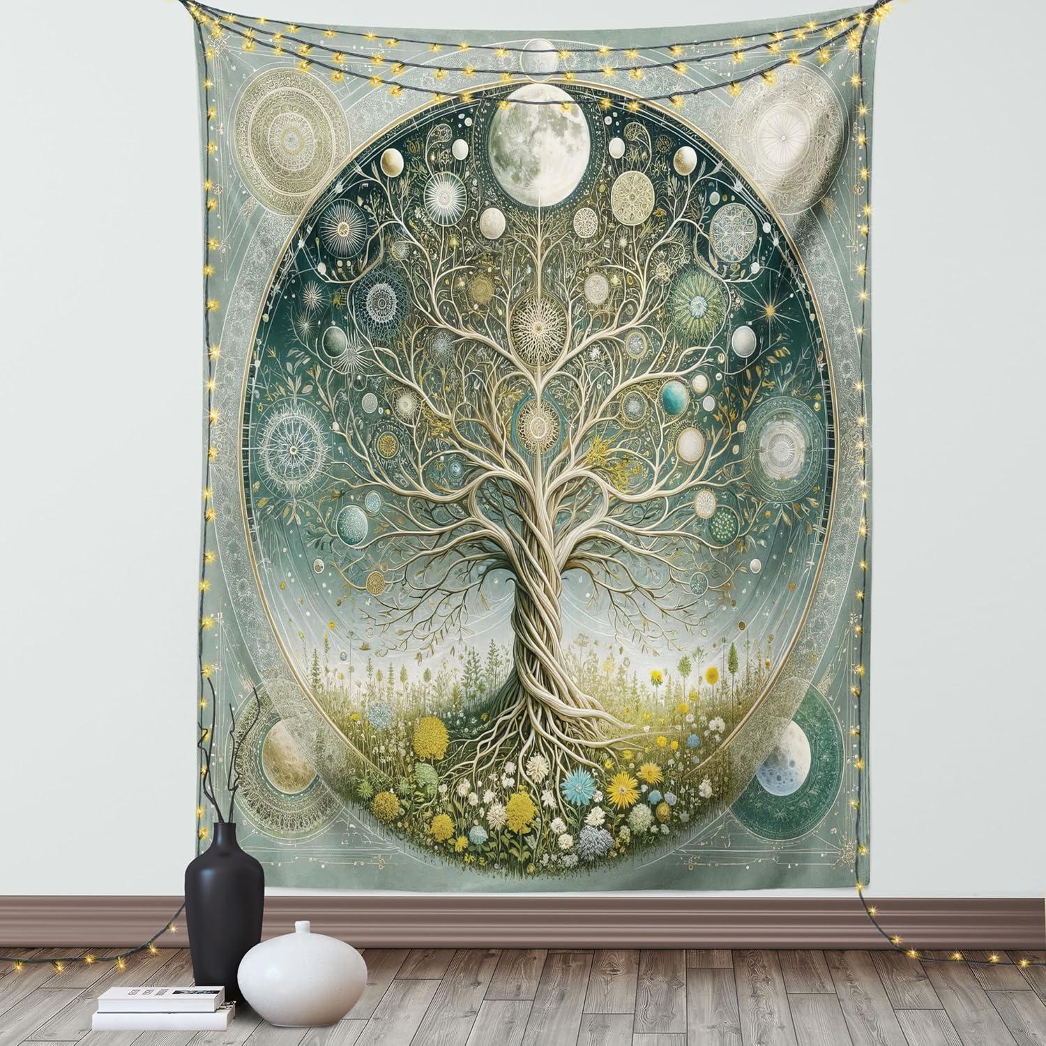 imageAmbesonne Hippie Tapestry Modern Scandi Crescent with Boho Floral and Leaves Greenery Black Cat Fabric Wall Hanging Decor for Bedroom Living Room Dorm 30quot X 45quot Grey Yellow Charcoal GreyTeal Pale Sage Green