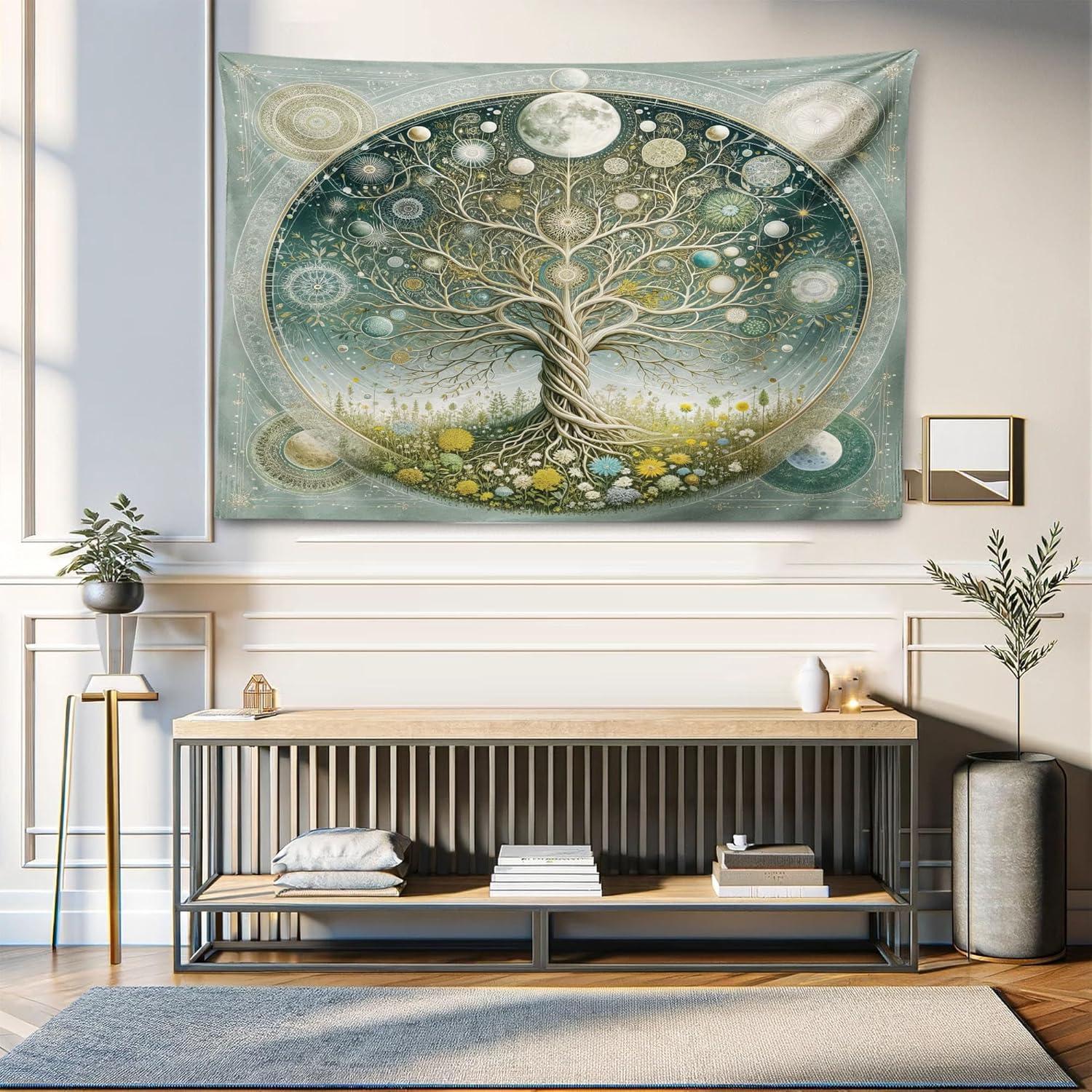 imageAmbesonne Hippie Tapestry Modern Scandi Crescent with Boho Floral and Leaves Greenery Black Cat Fabric Wall Hanging Decor for Bedroom Living Room Dorm 30quot X 45quot Grey Yellow Charcoal GreyTeal Pale Sage Green