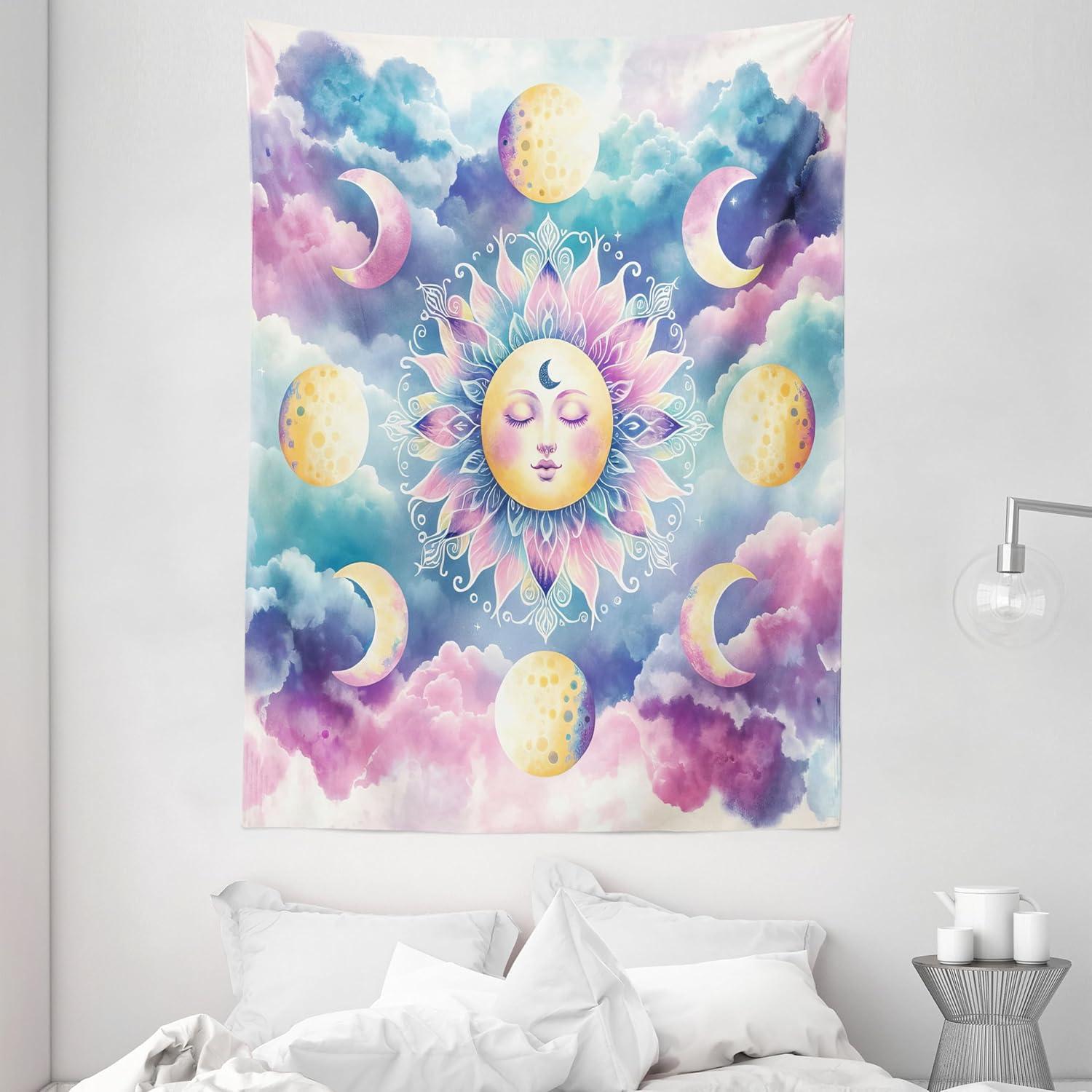 imageAmbesonne Hippie Tapestry Modern Scandi Crescent with Boho Floral and Leaves Greenery Black Cat Fabric Wall Hanging Decor for Bedroom Living Room Dorm 30quot X 45quot Grey Yellow Charcoal GreyPale Purple Blue and Cream