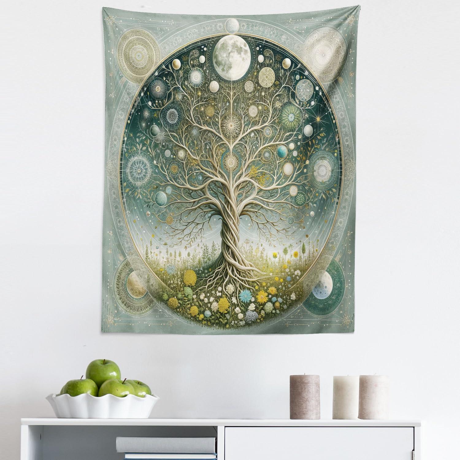 imageAmbesonne Hippie Tapestry Modern Scandi Crescent with Boho Floral and Leaves Greenery Black Cat Fabric Wall Hanging Decor for Bedroom Living Room Dorm 30quot X 45quot Grey Yellow Charcoal GreyTeal Pale Sage Green