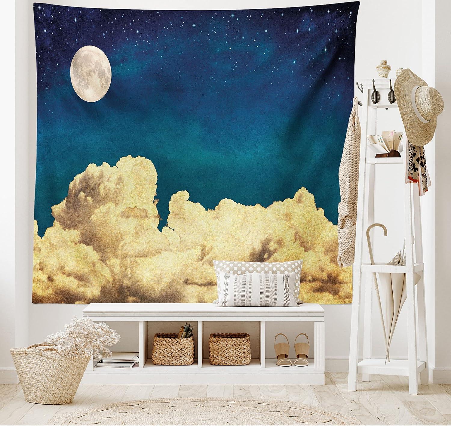 imageAmbesonne Hippie Tapestry Modern Scandi Crescent with Boho Floral and Leaves Greenery Black Cat Fabric Wall Hanging Decor for Bedroom Living Room Dorm 30quot X 45quot Grey Yellow Charcoal GreyDark Blue White