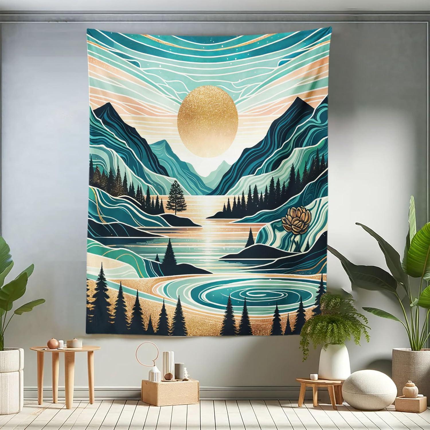 imageAmbesonne Hippie Tapestry Modern Scandi Crescent with Boho Floral and Leaves Greenery Black Cat Fabric Wall Hanging Decor for Bedroom Living Room Dorm 30quot X 45quot Grey Yellow Charcoal GreyTeal Cadet Blue Almond
