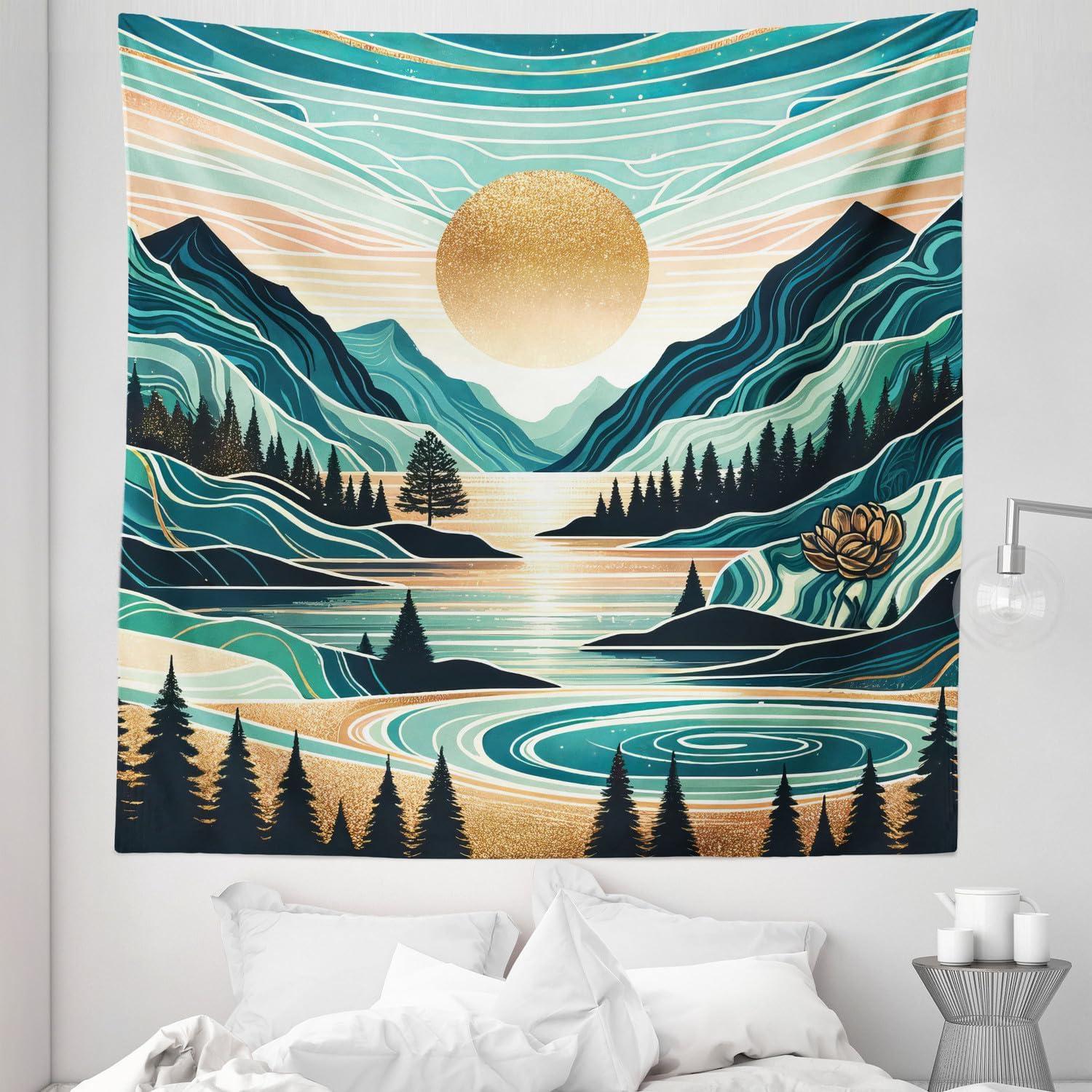 imageAmbesonne Hippie Tapestry Modern Scandi Crescent with Boho Floral and Leaves Greenery Black Cat Fabric Wall Hanging Decor for Bedroom Living Room Dorm 30quot X 45quot Grey Yellow Charcoal GreyTeal Cadet Blue Almond