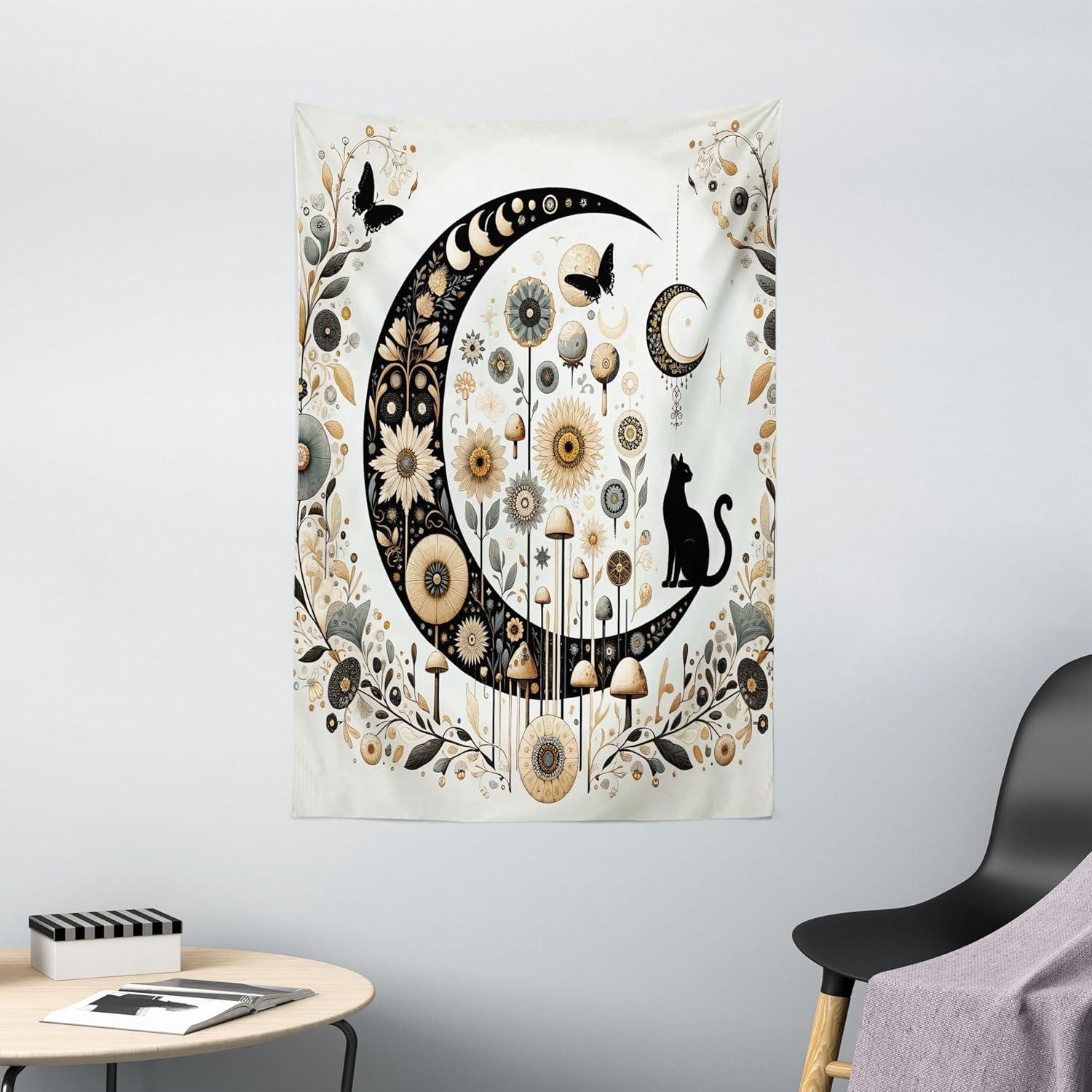 imageAmbesonne Hippie Tapestry Modern Scandi Crescent with Boho Floral and Leaves Greenery Black Cat Fabric Wall Hanging Decor for Bedroom Living Room Dorm 30quot X 45quot Grey Yellow Charcoal GreyGrey Yellow Charcoal Grey