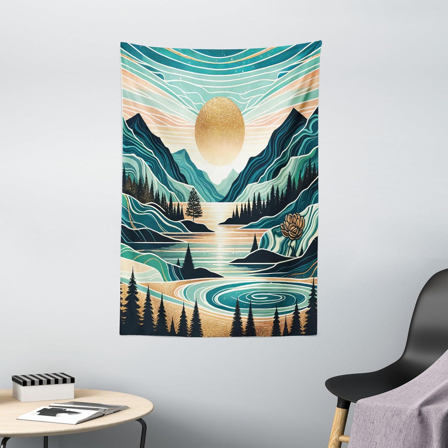 imageAmbesonne Hippie Tapestry Modern Scandi Crescent with Boho Floral and Leaves Greenery Black Cat Fabric Wall Hanging Decor for Bedroom Living Room Dorm 30quot X 45quot Grey Yellow Charcoal GreyTeal Cadet Blue Almond