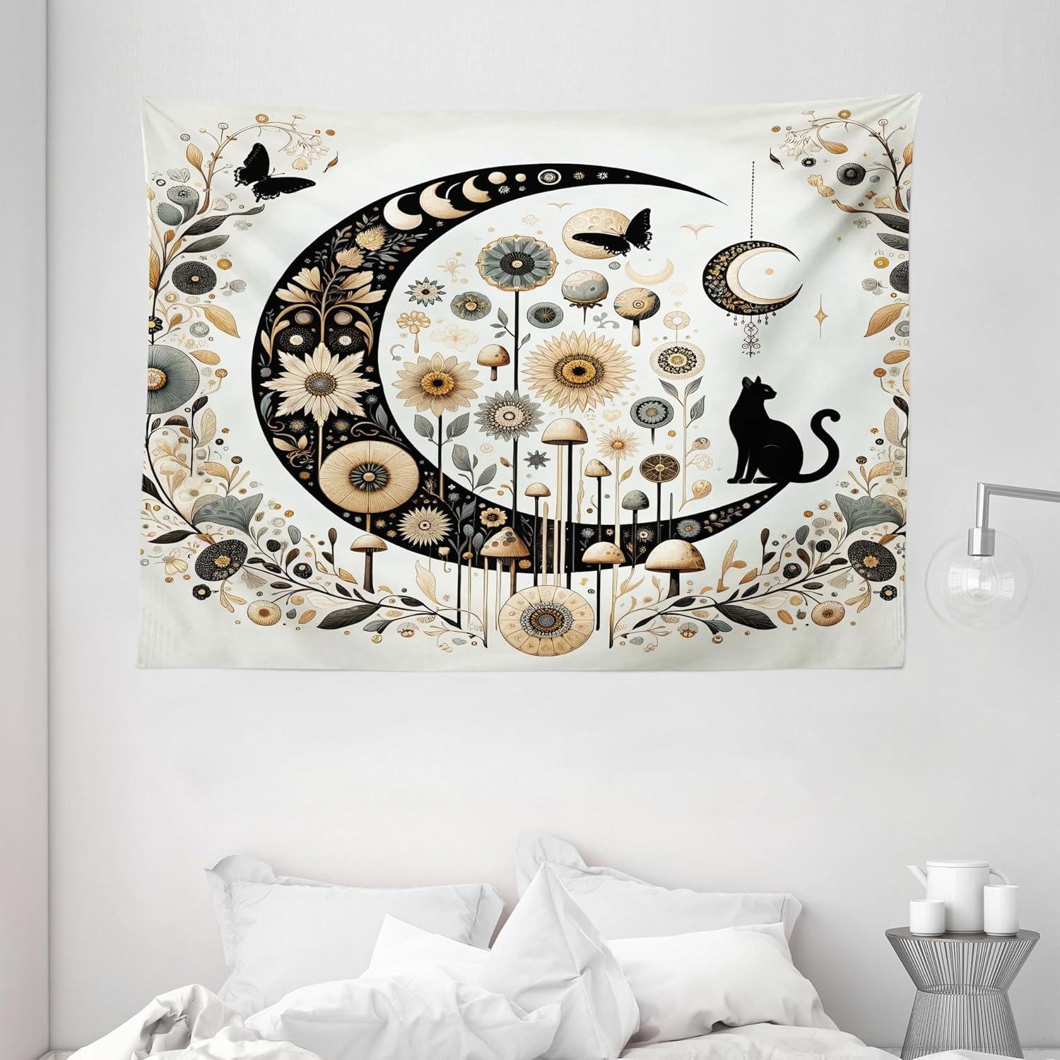 imageAmbesonne Hippie Tapestry Modern Scandi Crescent with Boho Floral and Leaves Greenery Black Cat Fabric Wall Hanging Decor for Bedroom Living Room Dorm 30quot X 45quot Grey Yellow Charcoal GreyGrey Yellow Charcoal Grey