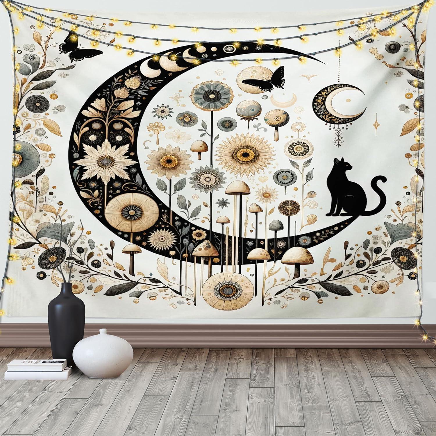 imageAmbesonne Hippie Tapestry Modern Scandi Crescent with Boho Floral and Leaves Greenery Black Cat Fabric Wall Hanging Decor for Bedroom Living Room Dorm 30quot X 45quot Grey Yellow Charcoal GreyGrey Yellow Charcoal Grey