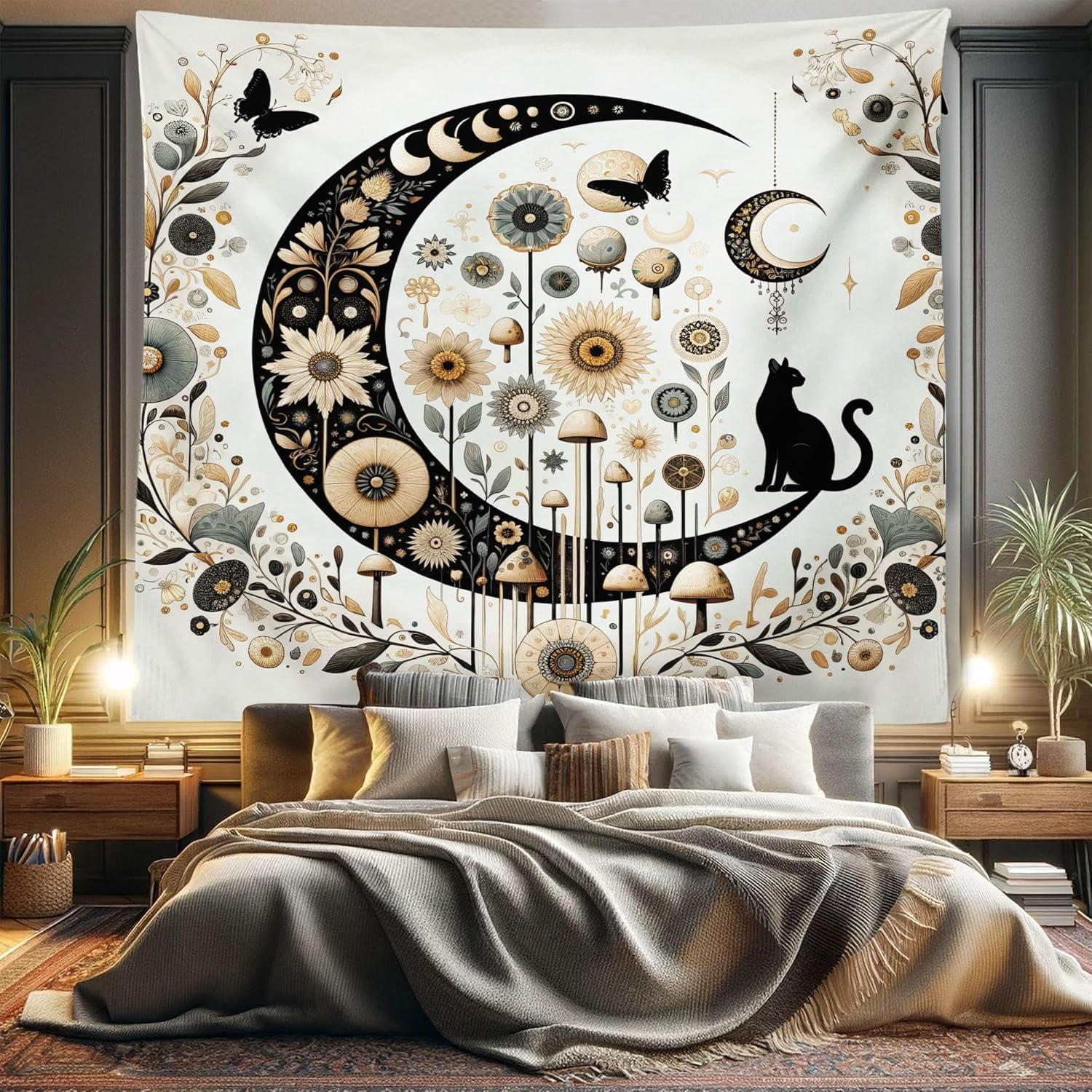 imageAmbesonne Hippie Tapestry Modern Scandi Crescent with Boho Floral and Leaves Greenery Black Cat Fabric Wall Hanging Decor for Bedroom Living Room Dorm 30quot X 45quot Grey Yellow Charcoal GreyGrey Yellow Charcoal Grey