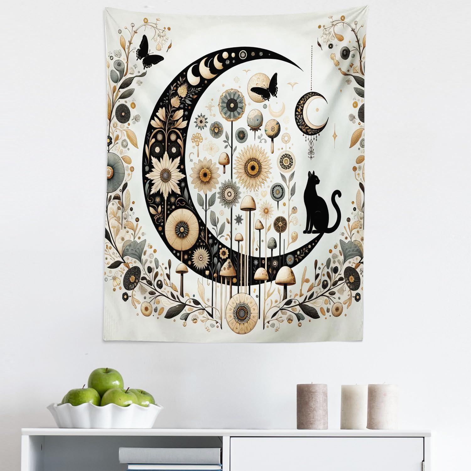 imageAmbesonne Hippie Tapestry Modern Scandi Crescent with Boho Floral and Leaves Greenery Black Cat Fabric Wall Hanging Decor for Bedroom Living Room Dorm 30quot X 45quot Grey Yellow Charcoal GreyGrey Yellow Charcoal Grey