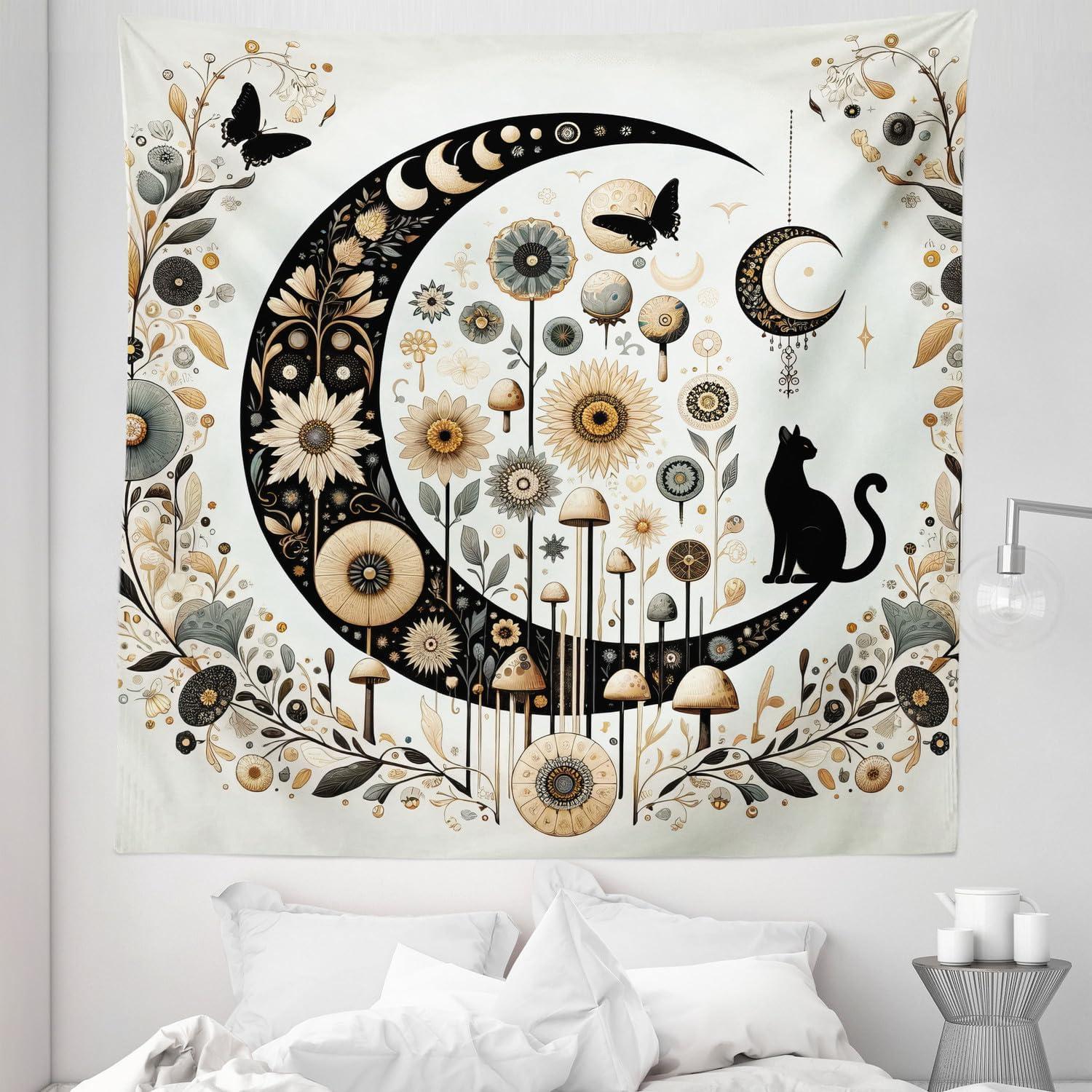 imageAmbesonne Hippie Tapestry Modern Scandi Crescent with Boho Floral and Leaves Greenery Black Cat Fabric Wall Hanging Decor for Bedroom Living Room Dorm 30quot X 45quot Grey Yellow Charcoal GreyGrey Yellow Charcoal Grey