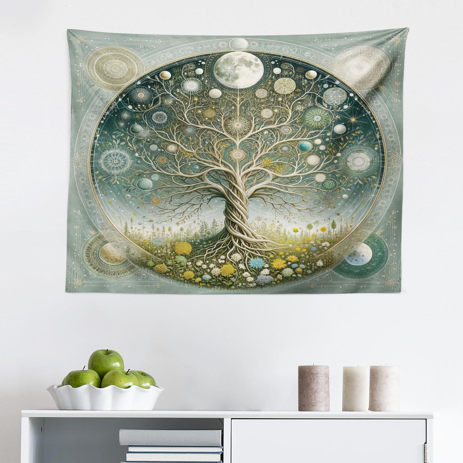 imageAmbesonne Hippie Tapestry Modern Scandi Crescent with Boho Floral and Leaves Greenery Black Cat Fabric Wall Hanging Decor for Bedroom Living Room Dorm 30quot X 45quot Grey Yellow Charcoal GreyTeal Pale Sage Green